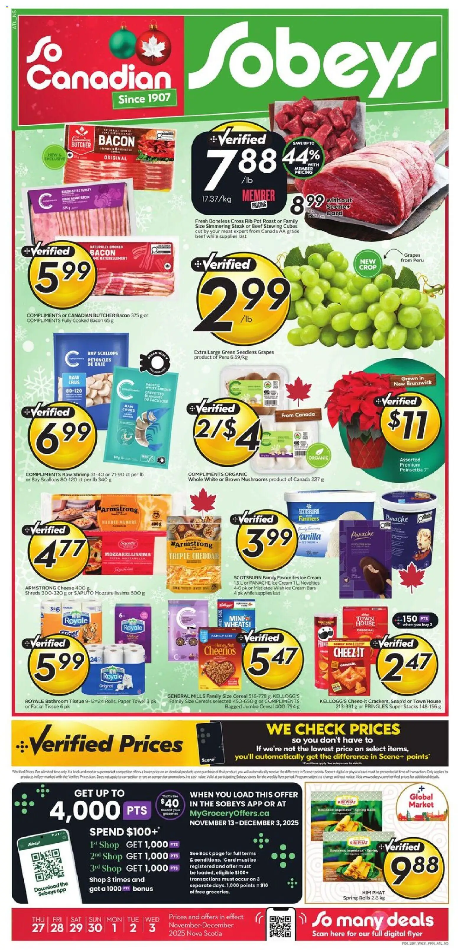 Sobeys flyer valid from 27.11.2025 | Page: 3 | Products: Cereals, Cream, Cheese, Pizza