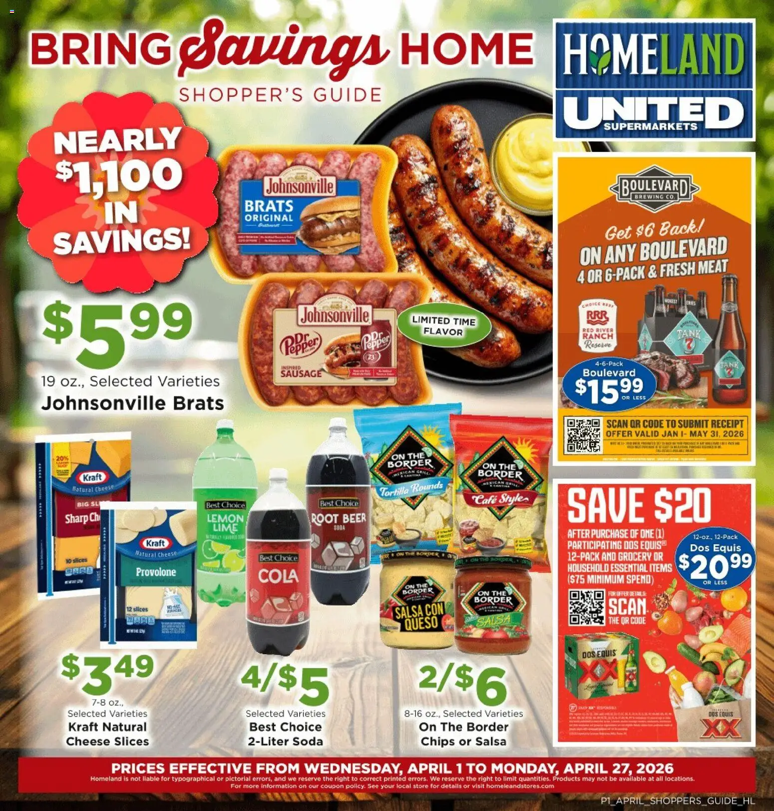Homeland Bring Savings Home Shopper's Guide - valid from 01.04.2026 | Page: 1 | Products: Beer, Chips, Pepper, Sausage