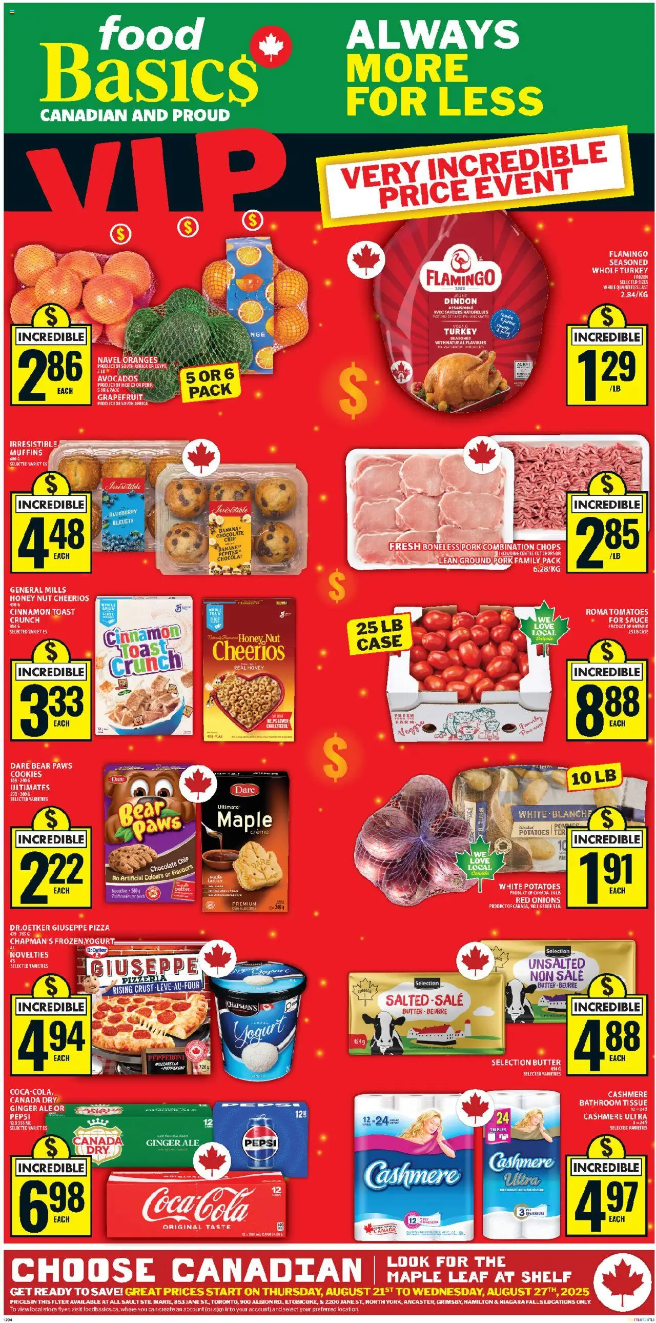 Food Basics flyer valid from 21.08.2025 | Page: 1 | Products: Turkey, Potatoes, Chocolate, Pizza