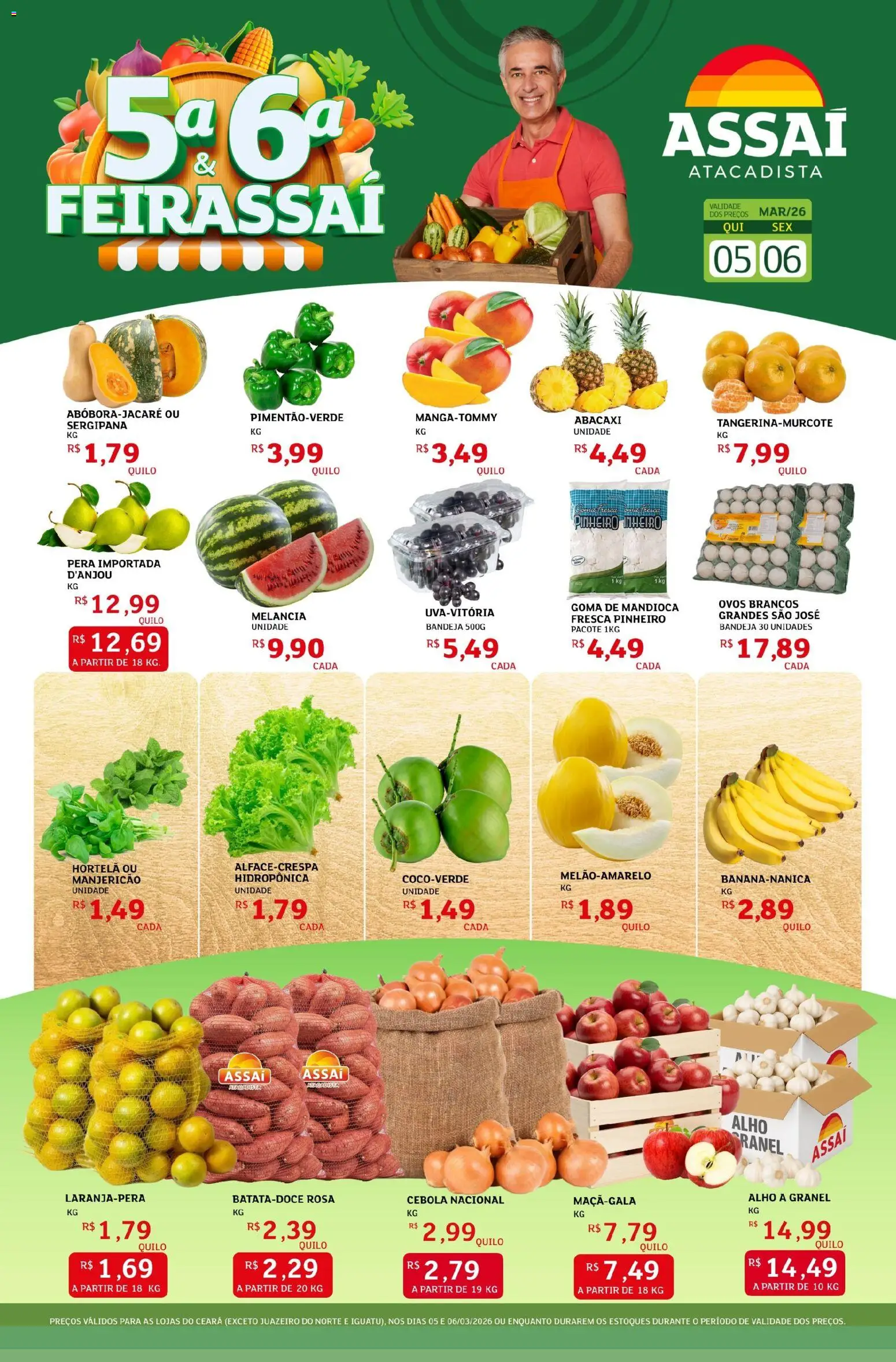 Assaí Atacadista Folheto - válido de 05.03.2026 | Página: 1 | Produtos: Pera, Cebola, Mandioca, Manjericão