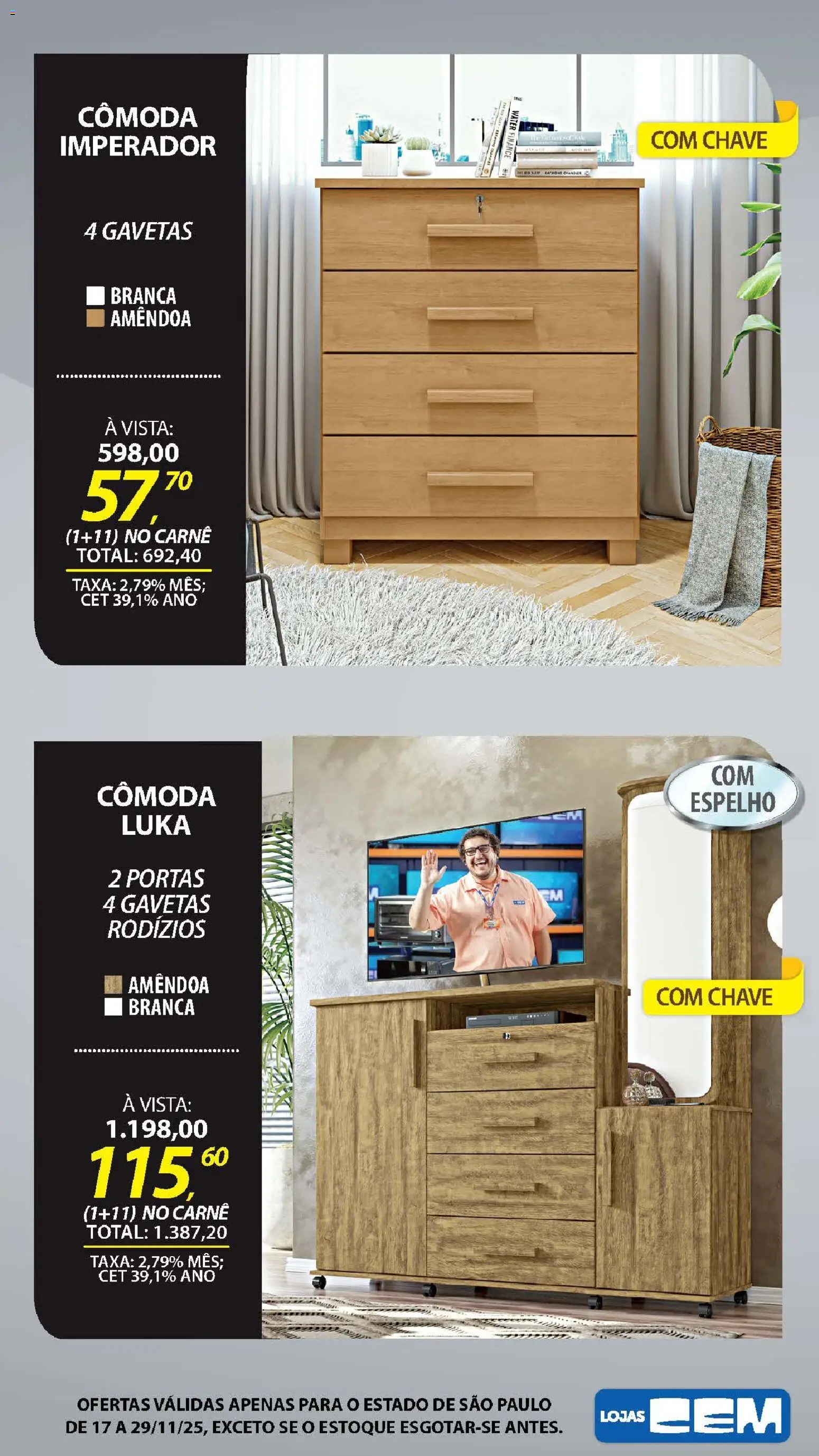 Lojas Cem Folheto - válido de 17.11.2025 | Página: 108 | Produtos: Cômoda, Espelho, Carne