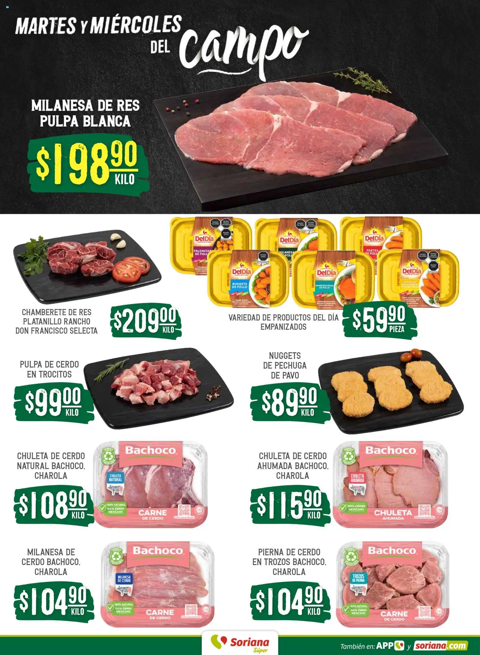Nuevas ofertas de Soriana válidas en toda la República Mexicana desde el 28.04.2026. ¡Encuentra las mejores ofertas en Soriana Martes y Miércoles del Campo Súper: Ver, Tab, Chis, Camp, Yuc y Q. Roo! | Página: 4 | Productos: Pollo, Milanesa, Cerdo, Res
