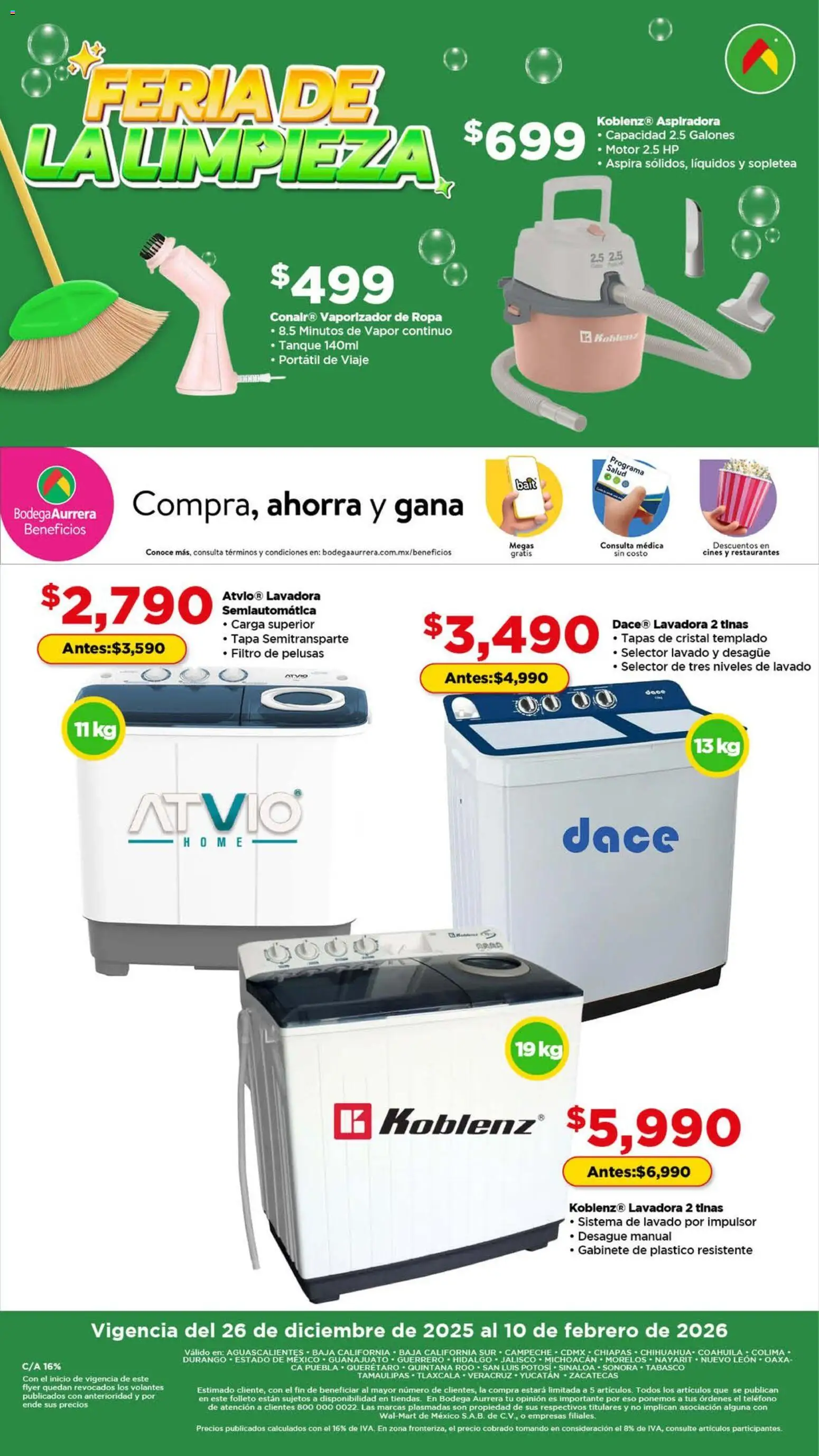 Nuevas ofertas de Bodega Aurrerá válidas en toda la República Mexicana desde el 26.12.2025. ¡Encuentra las mejores ofertas en Bodega Aurrerá folleto Feria de la limpieza! | Página: 13 | Productos: Lavadora, Aspiradora, Ropa, Teléfono