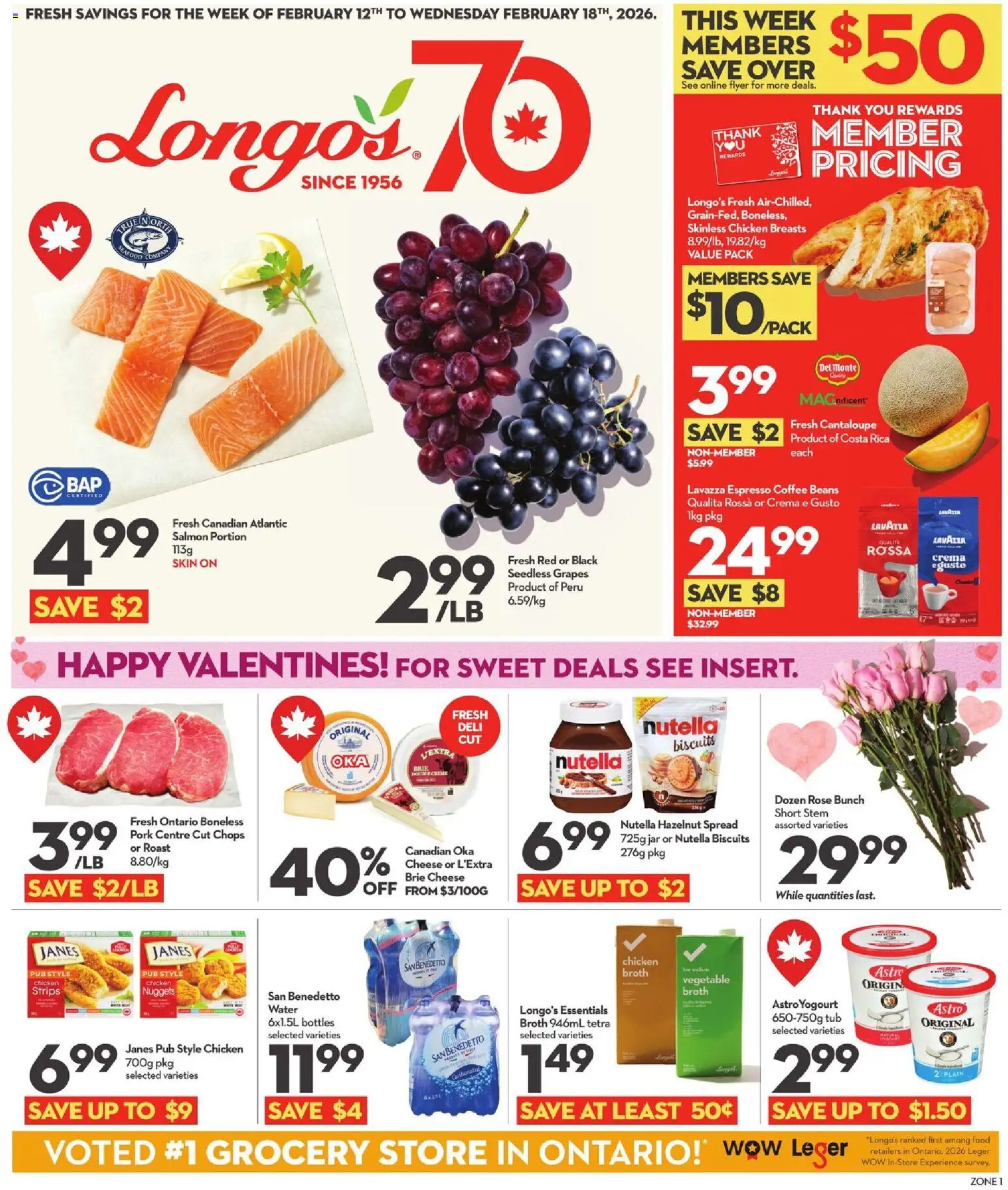 Longo's flyer valid from 12.02.2026 | Page: 1 | Products: Chicken breasts, Cheese, Coffee, Chicken