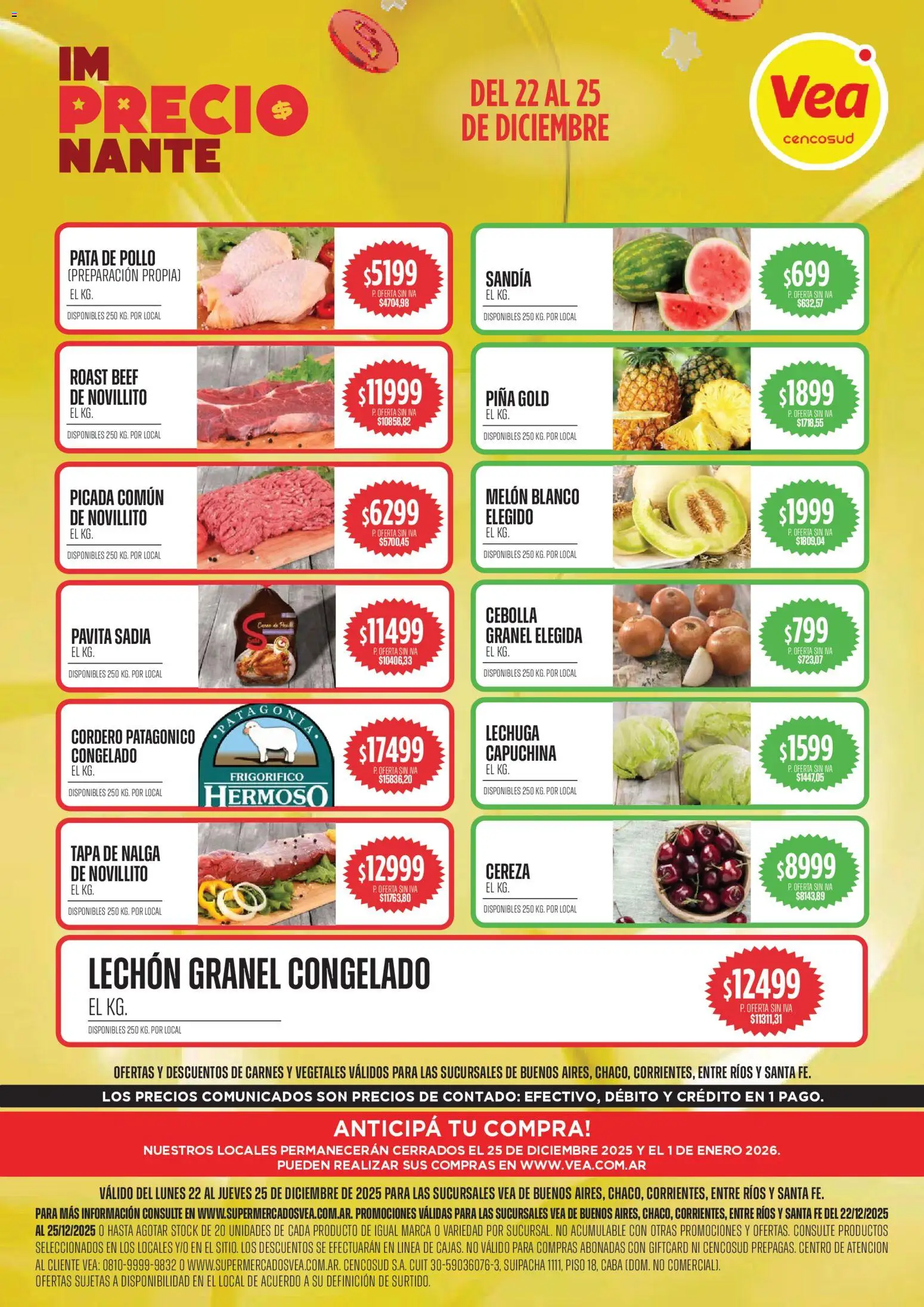 Vea - Oferta Semanal  │ válido desde el 22.12.2025 | Página: 1 | Productos: Pollo, Cebolla, Melón, Lechuga