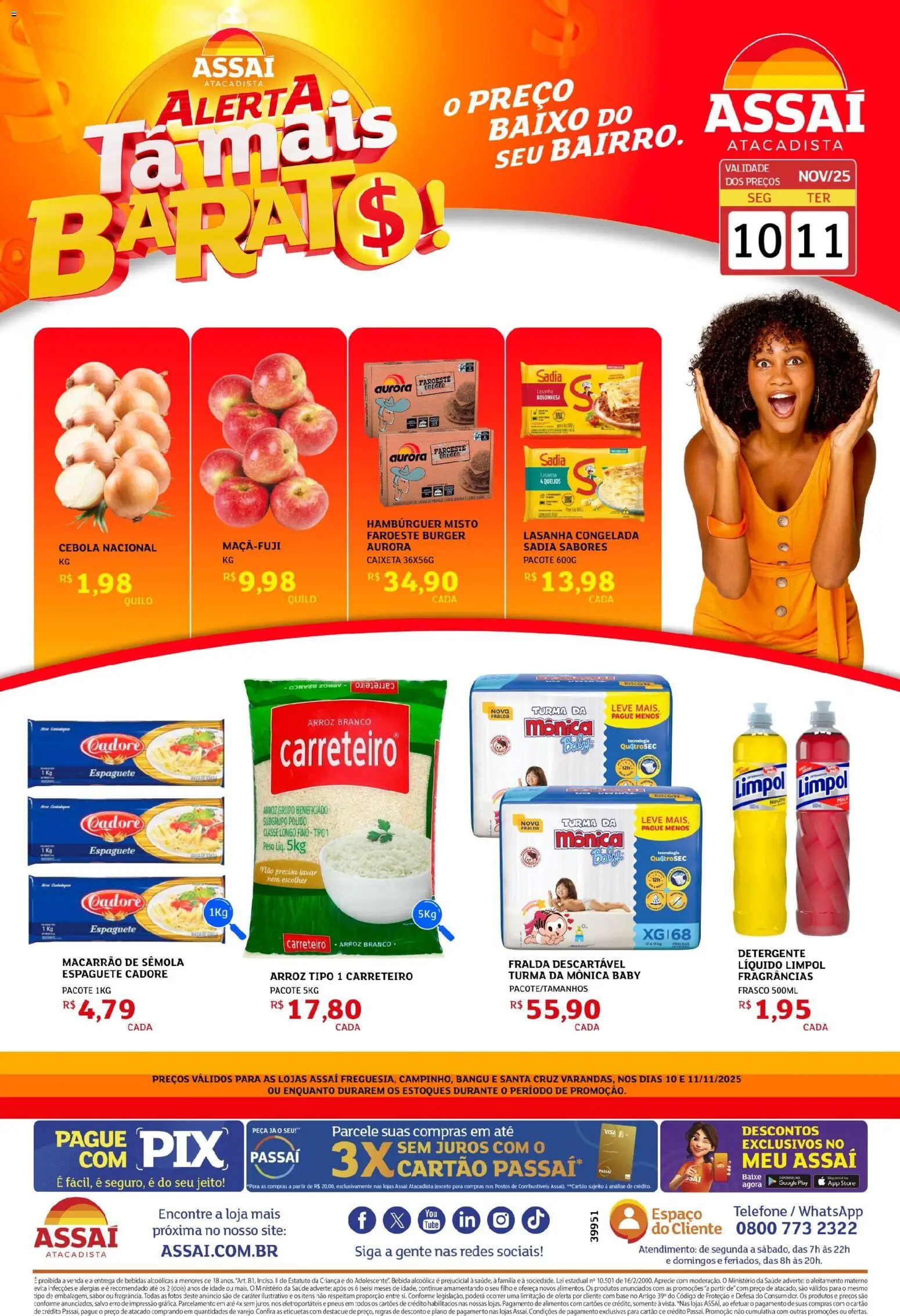 Assaí Atacadista Folheto - válido de 10.11.2025 | Página: 1 | Produtos: Detergente, Macarrão, Bebida, Telefone