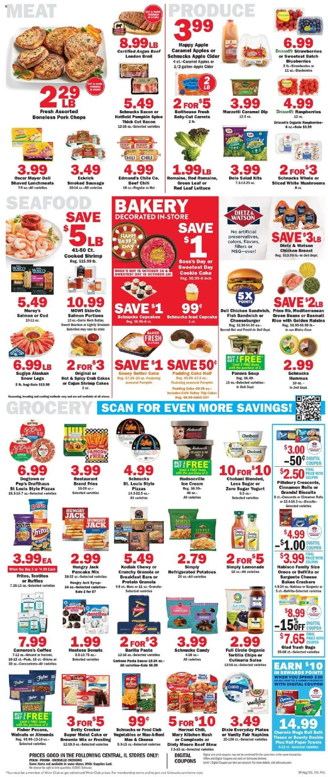 Schnucks Weekly Print Ad - IL - valid from 15.10.2025 | Page: 4 | Products: Bourbon, Strawberries, Ice cream, Seafood