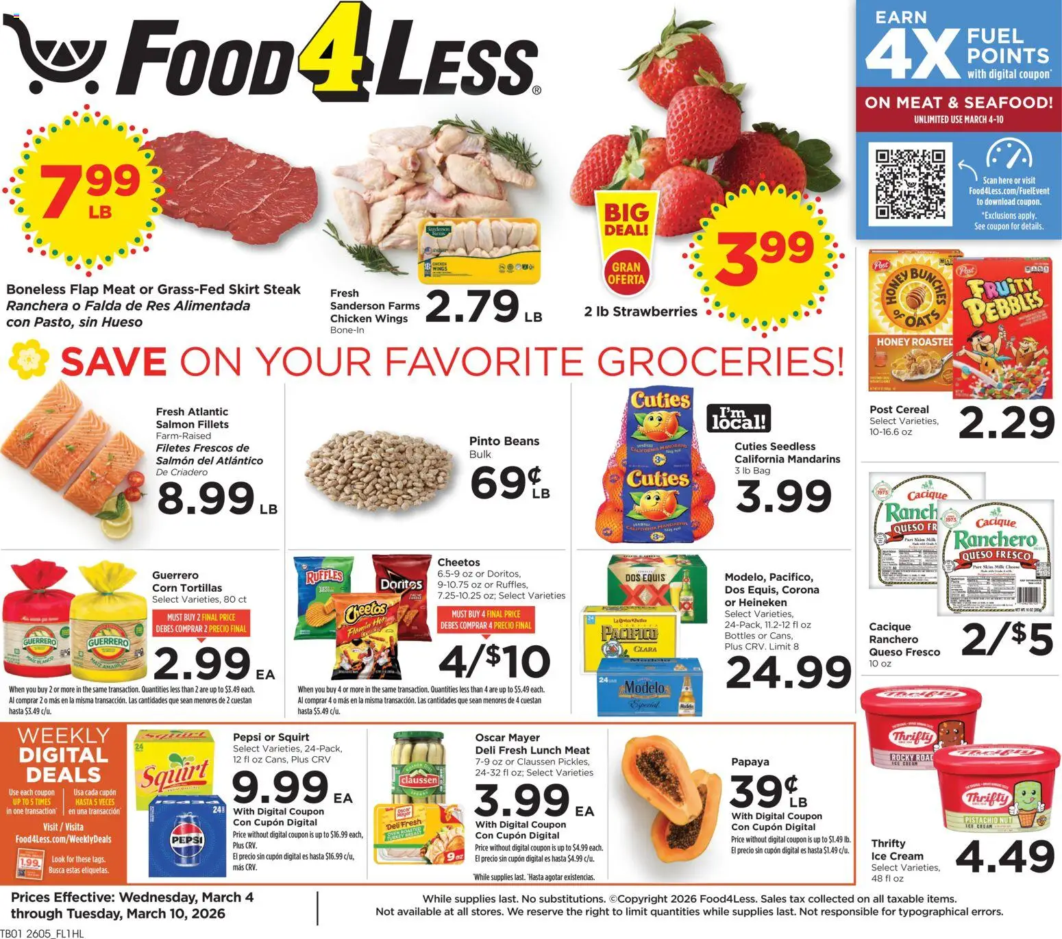 Food 4 Less Weekly Ad - valid from 04.03.2026 | Page: 1 | Products: Corn, Mandarins, Milk, Seafood