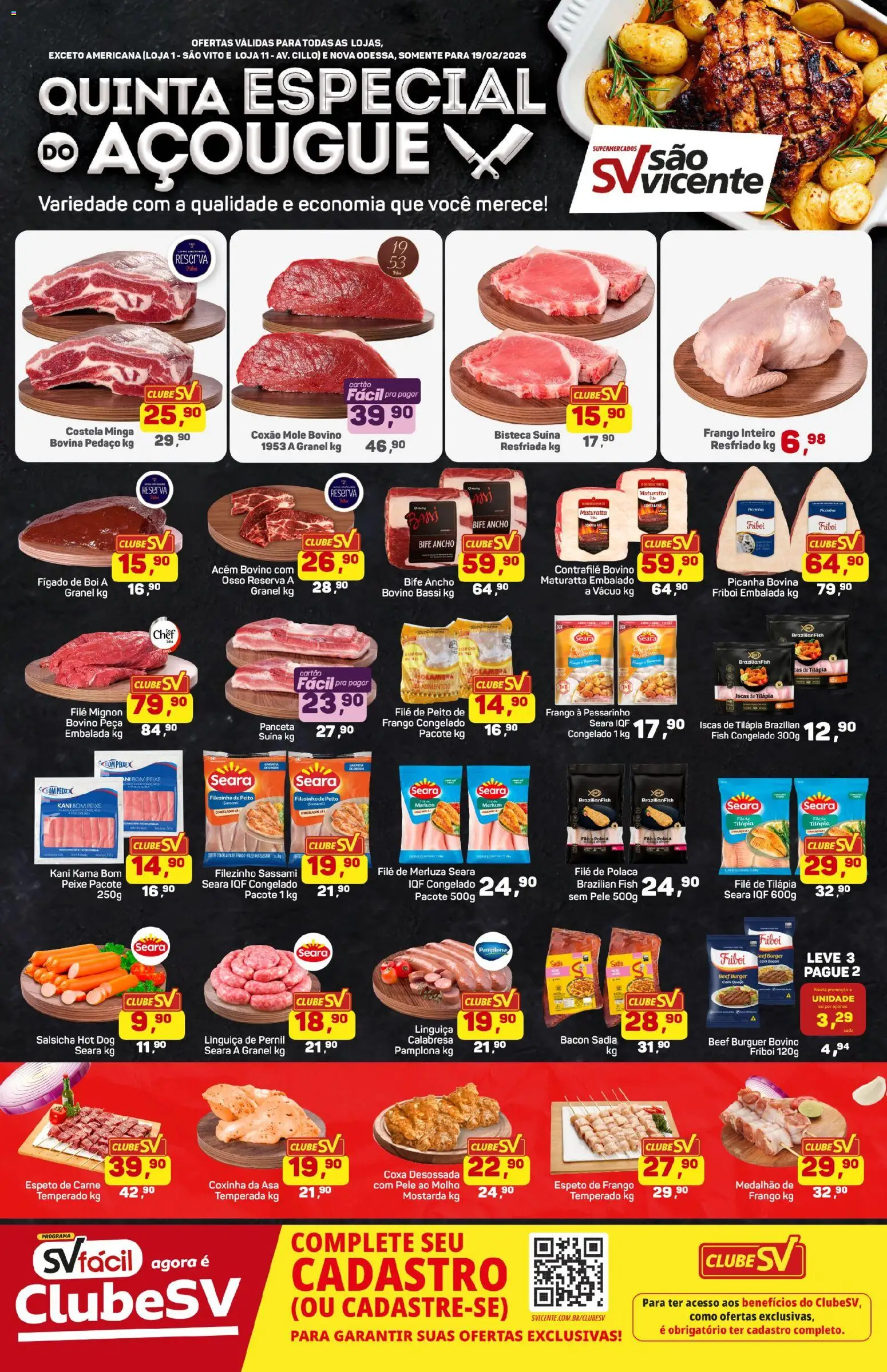 Supermercados São Vicente Folheto - válido de 19.02.2026 | Página: 1 | Produtos: Salsicha, Picanha, Queijo, File de polaca