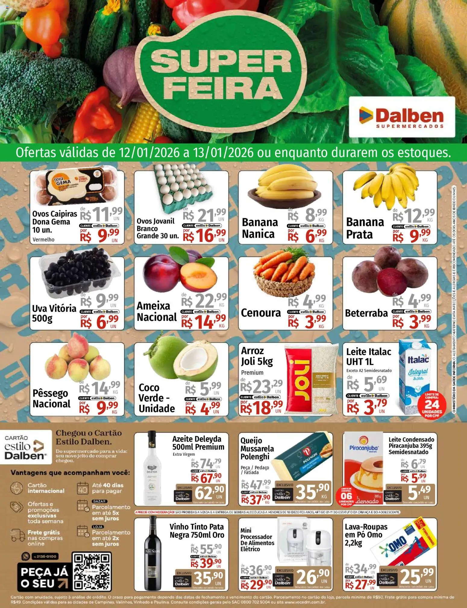 Supermercado Dalben Folheto - válido de 12.01.2026 | Página: 1 | Produtos: Pêssego, Processador, Caixa, Vinho