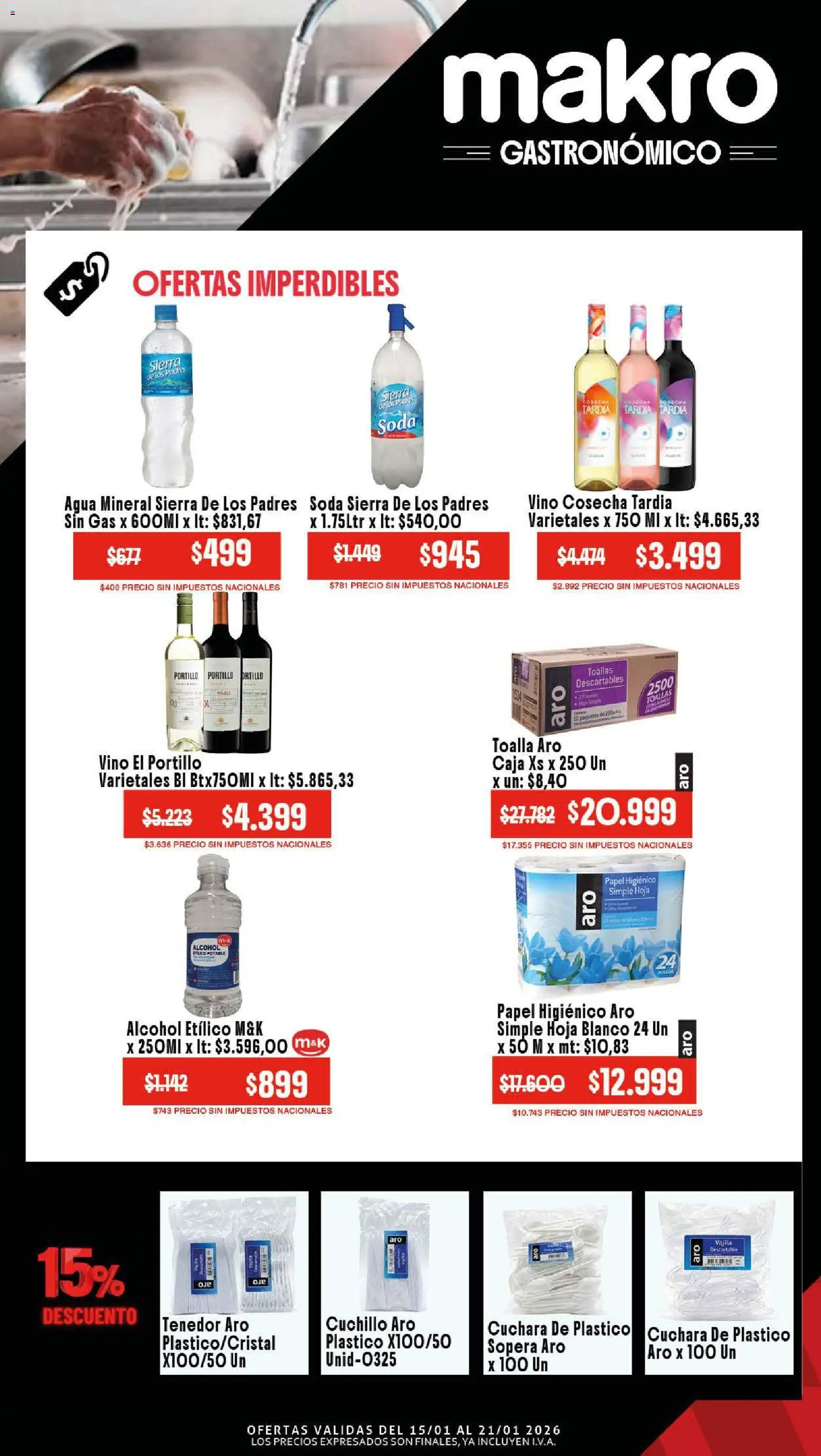 Makro ofertas │ válido desde el 15.01.2026 | Página: 5 | Productos: Tenedor, Caja, Agua, Vino