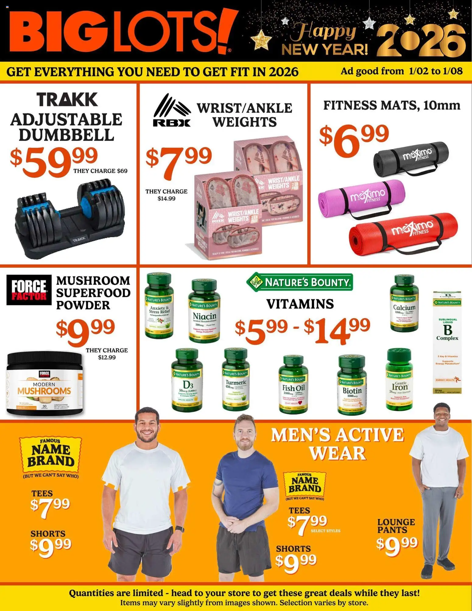 Big Lots Weekly Ad - valid from 02.01.2026 | Page: 1 | Products: Fish Oil, Biotin, Oil, Shorts