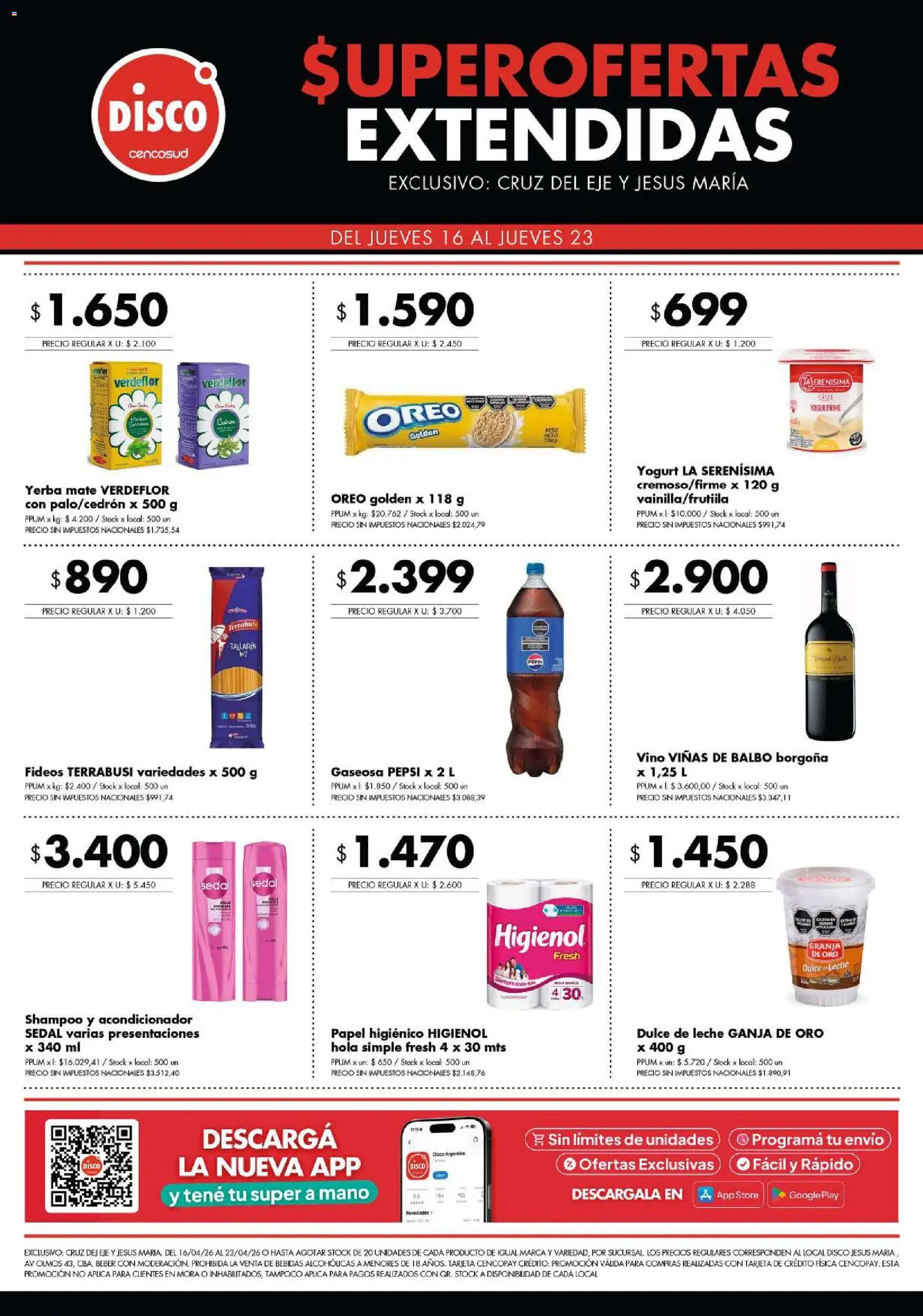 Disco - Super Ofertas Extendidas 16.04 Cruz del Eje y Jesus Maria │ válido desde el 16.04.2026 | Página: 1 | Productos: Yerba, Acondicionador, Yogur, Fideos