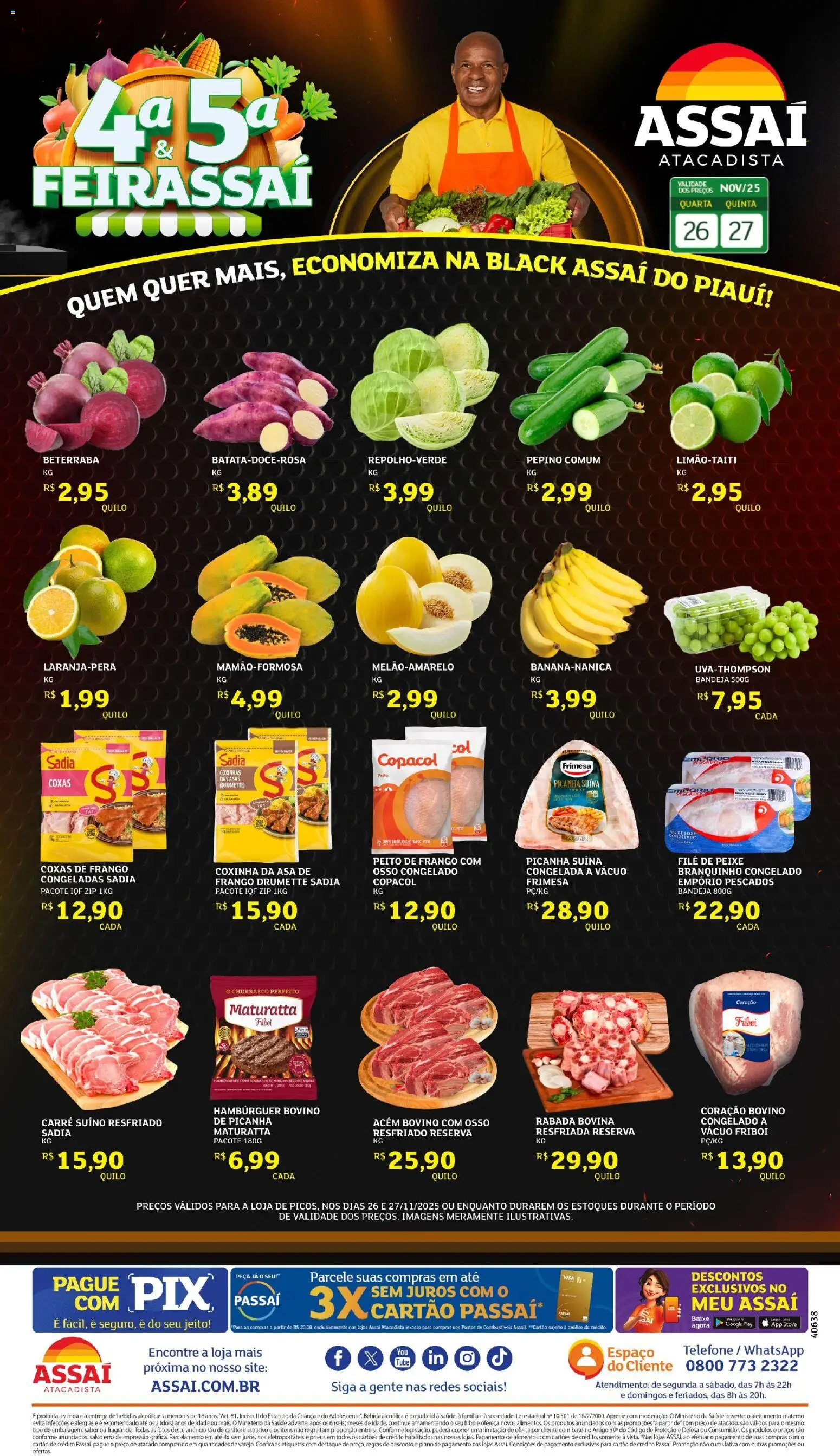Assaí Atacadista Folheto - válido de 26.11.2025 | Página: 1 | Produtos: Acém, Picanha, Hambúrguer, Telefone