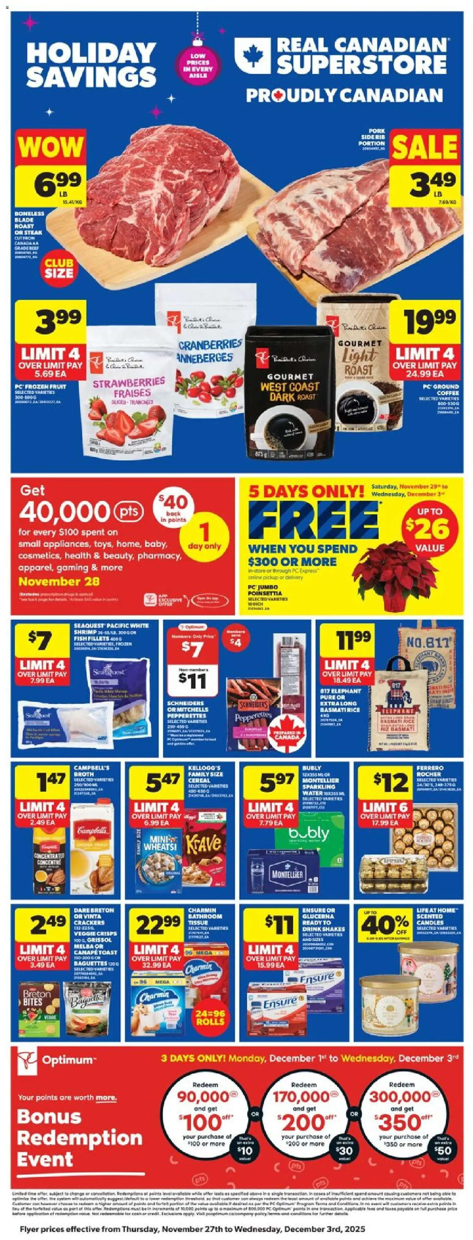 Real Canadian Superstore flyer valid from 27.11.2025 | Page: 5 | Products: Fish, Strawberries, PC, Pork