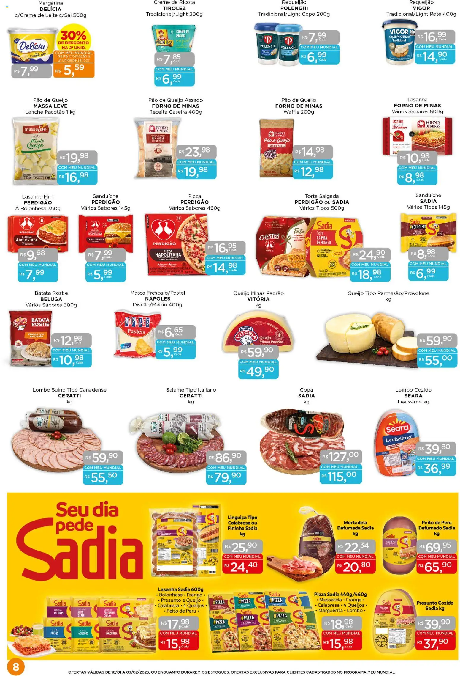 Mundial Folheto - válido de 16.01.2026 | Página: 8 | Produtos: Pizza, Mortadela, Requeijão, Pão de queijo