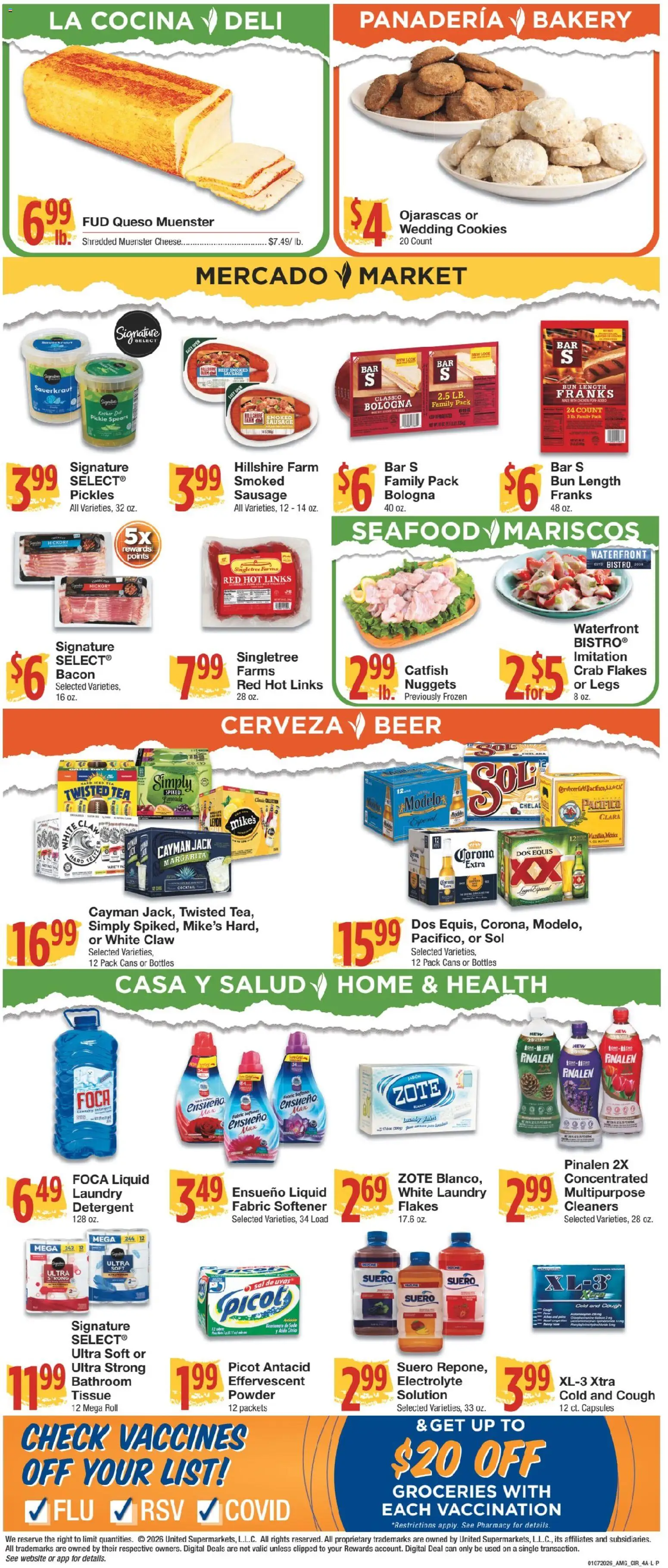 United Supermarkets Ad - valid from 06.01.2026 | Page: 4 | Products: Fabric softener, Detergent, Lemon, Sausage
