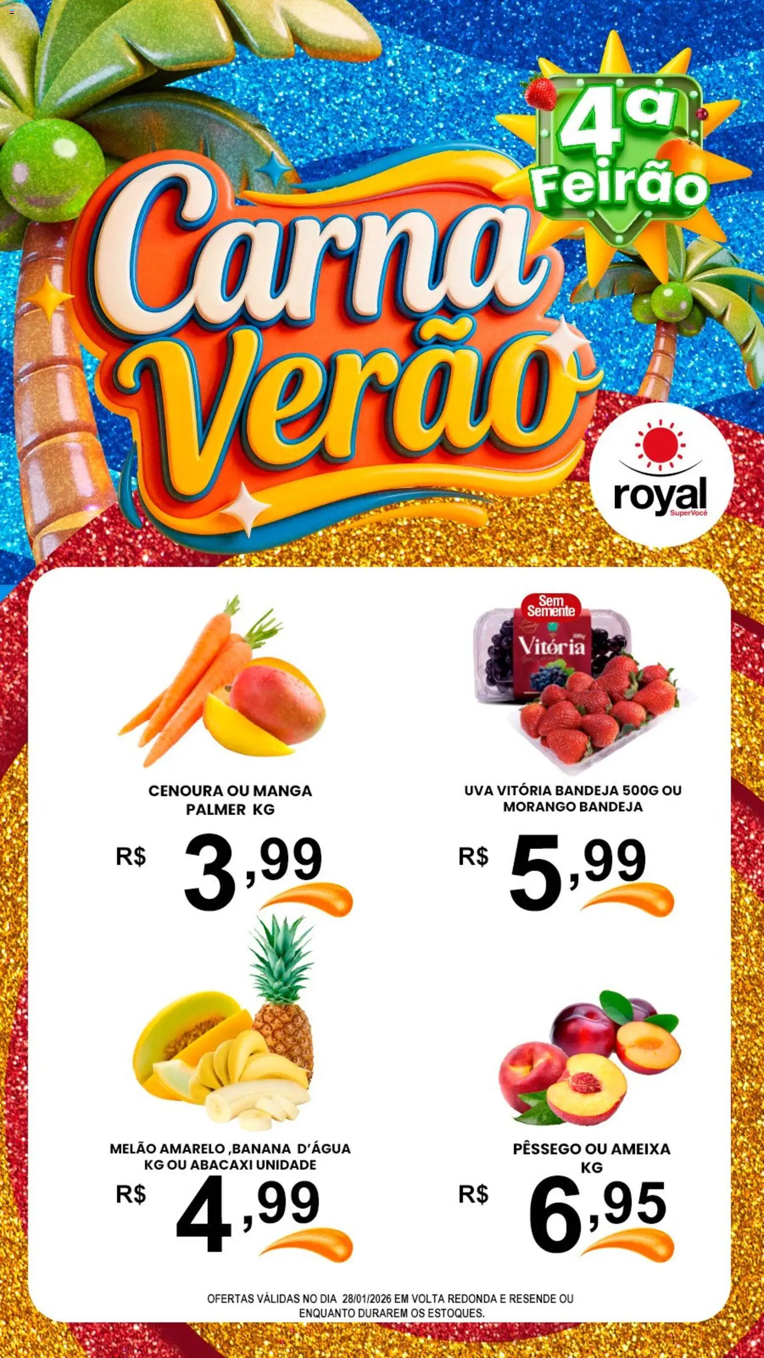 Royal Supermercados Folheto - válido de 28.01.2026 | Página: 1 | Produtos: Melão, Pêssego, Cenoura, Ameixa