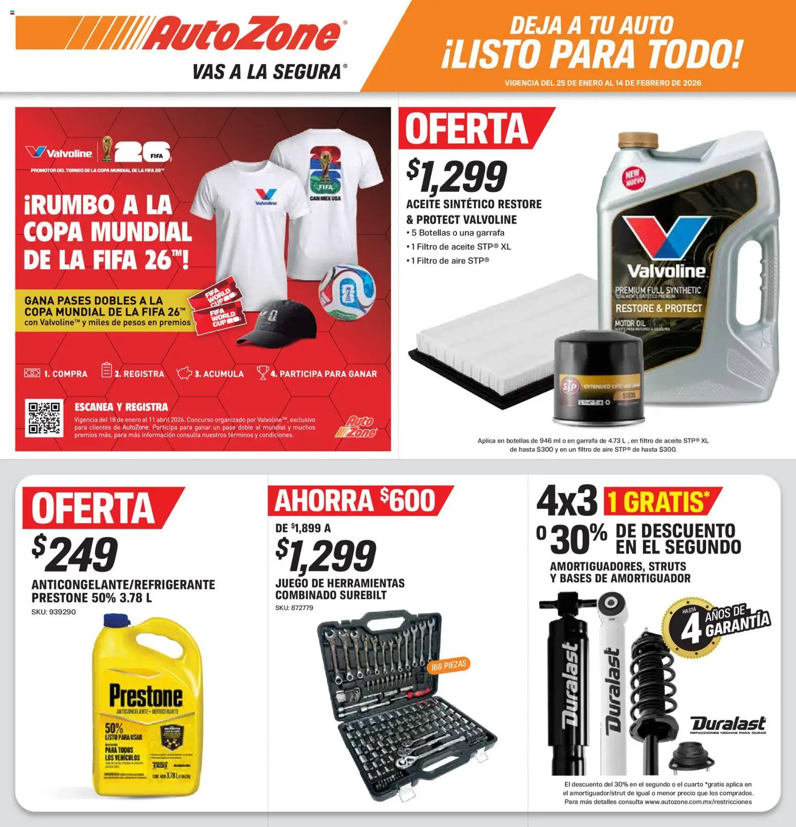 Nuevas ofertas de AutoZone válidas en toda la República Mexicana desde el 25.01.2026. ¡Encuentra las mejores ofertas en AutoZone catálogo! | Página: 1 | Productos: Aceite, Juego