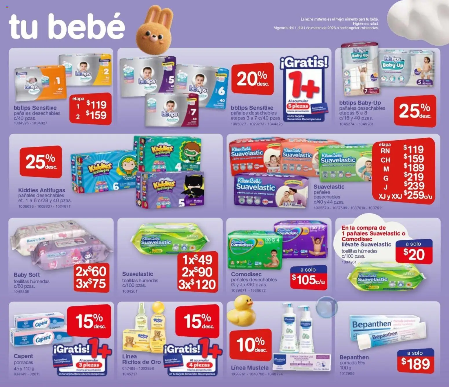 Nuevas ofertas de Farmacia Benavides válidas en toda la República Mexicana desde el 01.01.2026. ¡Encuentra las mejores ofertas en Farmacia Benavides catálogo! | Página: 17 | Productos: Crema, Toallitas húmedas, Leche, Pomada