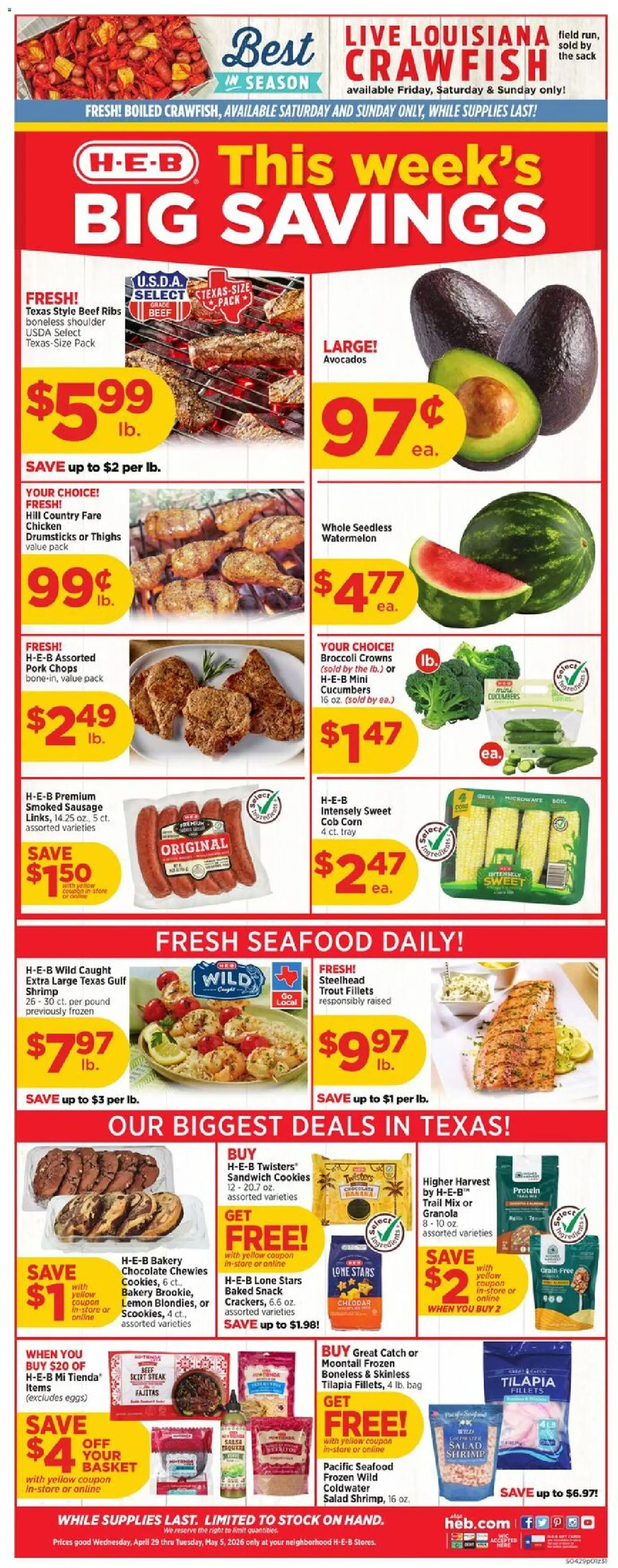 H-E-B Weekly Ad - valid from 29.04.2026 | Page: 1 | Products: Bakery, Basket, Chocolate, Beef
