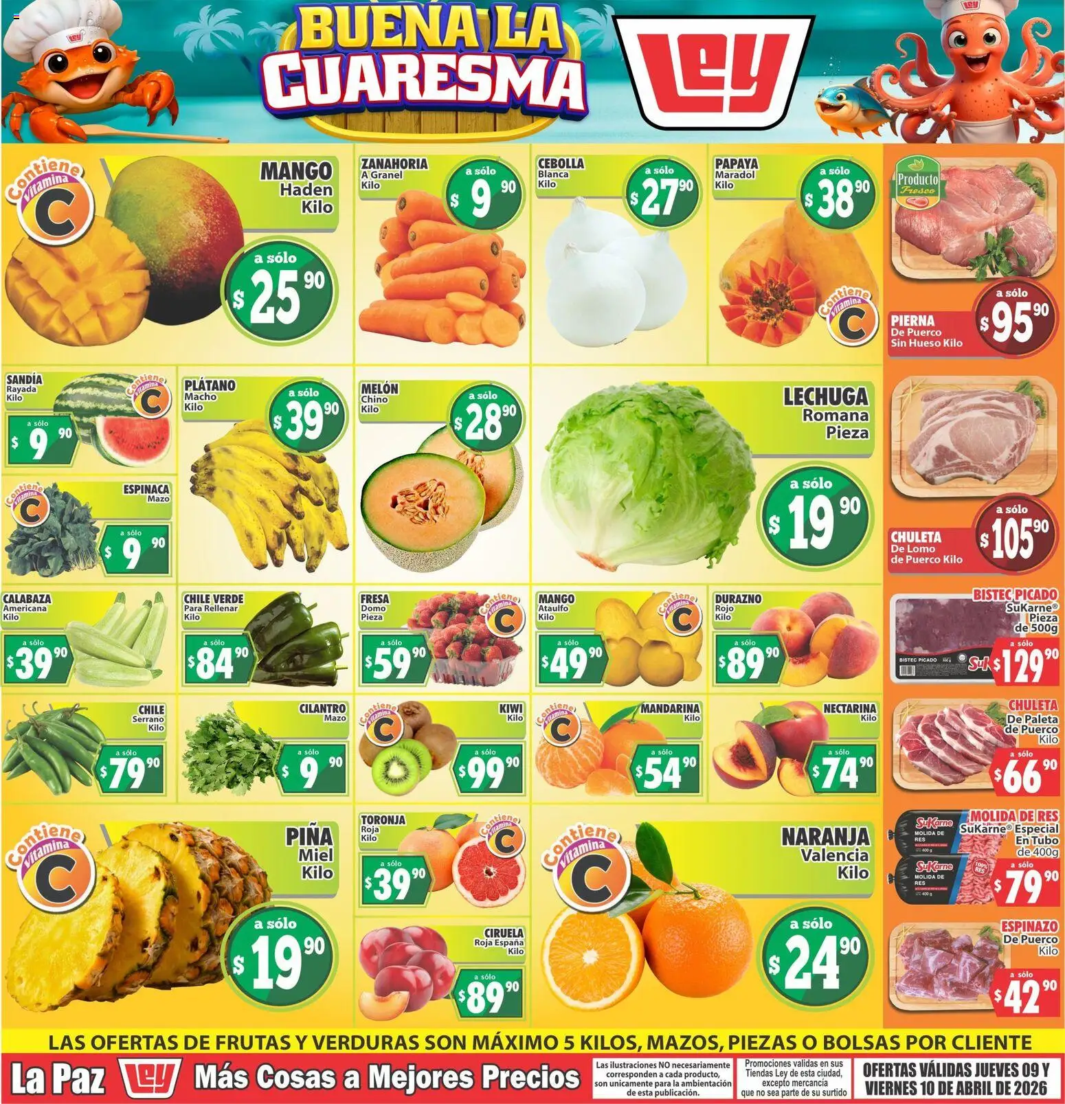 Nuevas ofertas de Casa Ley válidas en toda la República Mexicana desde el 09.04.2026. ¡Encuentra las mejores ofertas en Casa Ley folleto Las ofertas de frutas y verdunas La Paz! | Página: 1 | Productos: Cebolla, Sandía, Espinaca, Kiwi