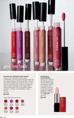 Preview of fmg Glimmer Mattitude Liquid Lipstick, Lock in vivid, saturated colour with a comfortable, non-drying formula that wears all day without fading or feathering. With vitamin E and a blend of olive and sunflower oils to help smooth and soften lips. Glides on effortlessly, delivering full coverage in one swipe with a velvety soft matte finish. Formulated without parabens, sulfates and phthalates. Vegan. 3.5 ml from shop Avon valid from 23.10.2025 | Page: 114
