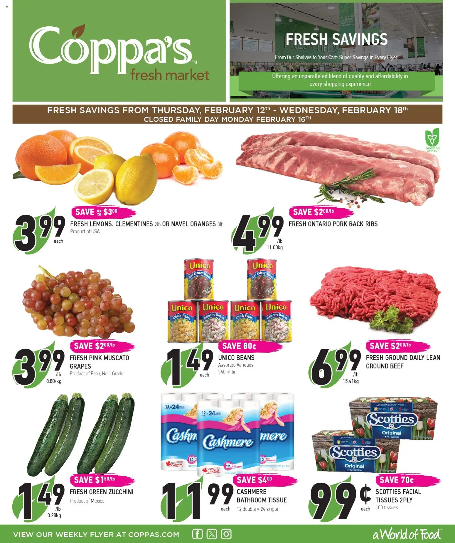 Coppas Fresh Market flyer valid from 12.02.2026 | Page: 1 | Products: Beef, Pork, Oranges