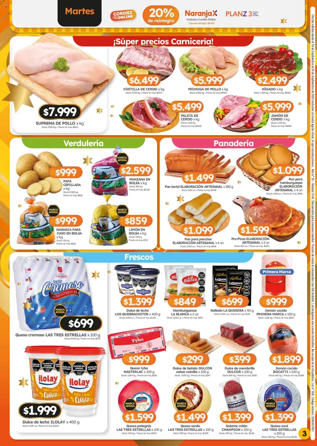 Cordiez ofertas │ válido desde el 18.09.2025 | Página: 3 | Productos: Pollo, Jamón cocido, Batata, Leche