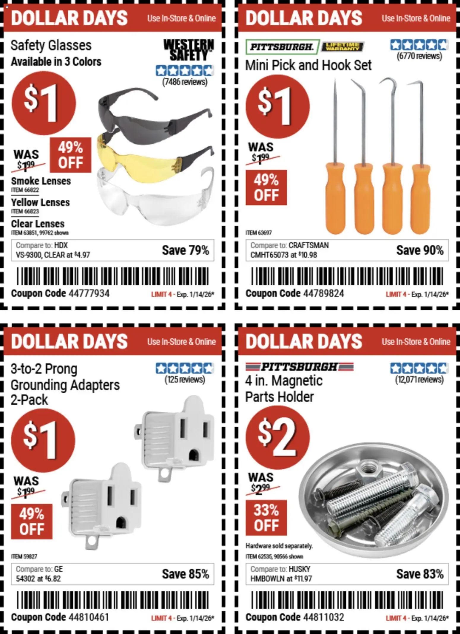 Harbor Freight Dollar Days - valid from 01.01.2026 | Page: 4 | Products: Hook, Glasses
