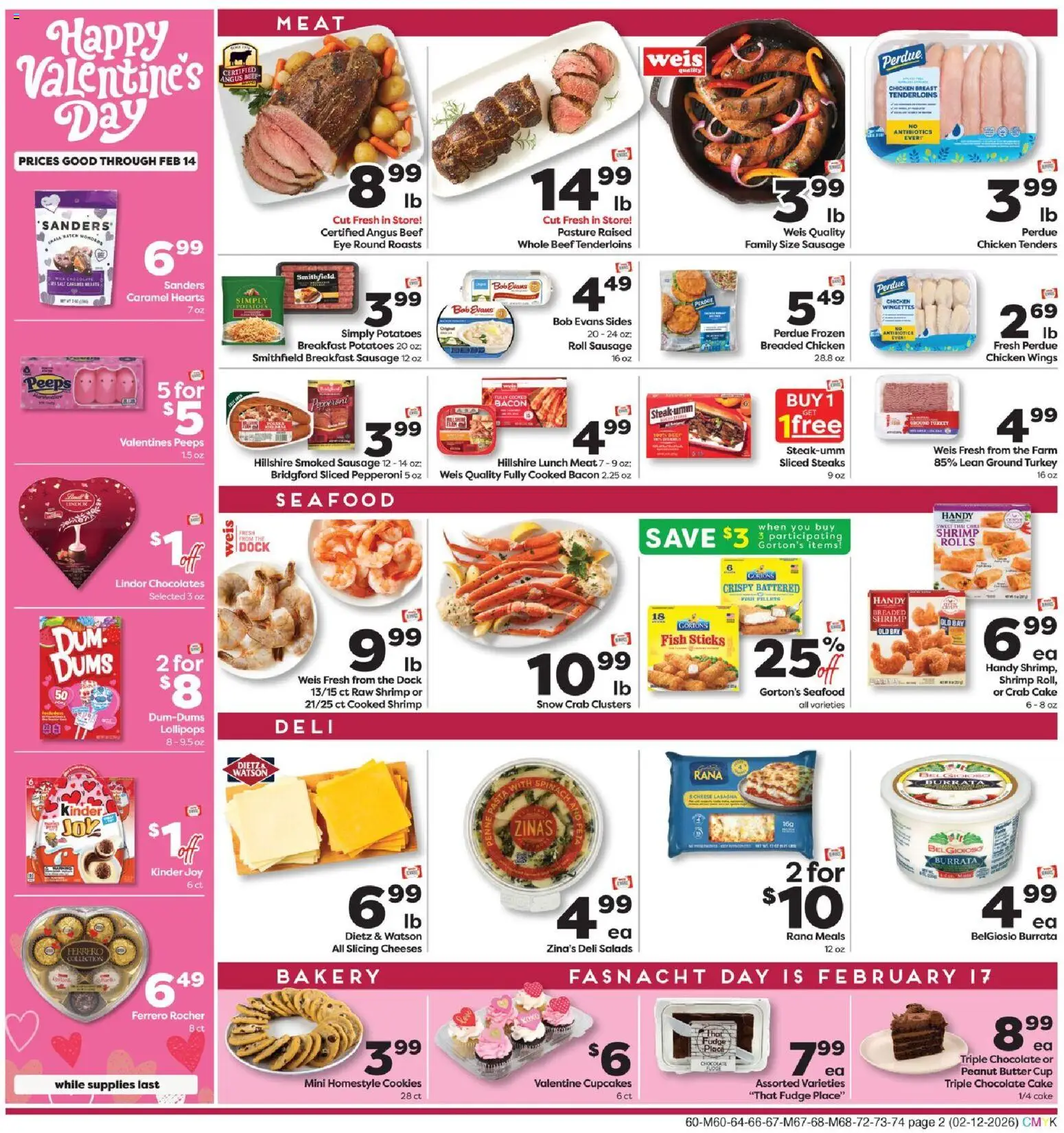 Weis Weekly Ad - valid from 12.02.2026 | Page: 2 | Products: Spinach, Cheese, Chocolate, Seafood
