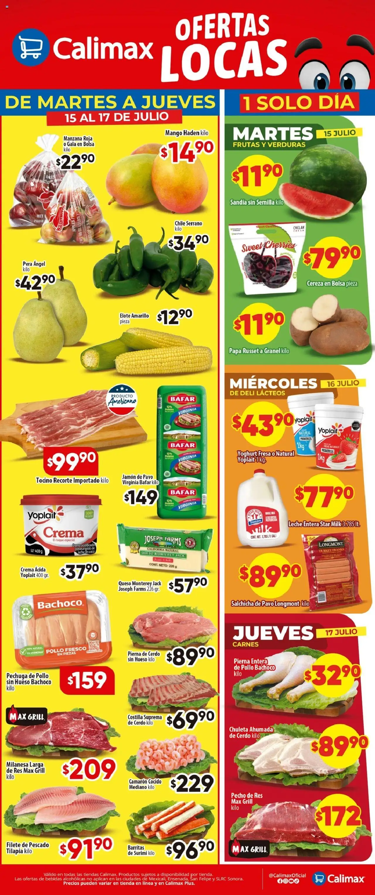 Nuevas ofertas de Calimax válidas en toda la República Mexicana desde el 15.07.2025. ¡Encuentra las mejores ofertas en Calimax - Folleto Martes a Jueves! | Página: 1 | Productos: Pollo, Fresa, Pera, Salchicha