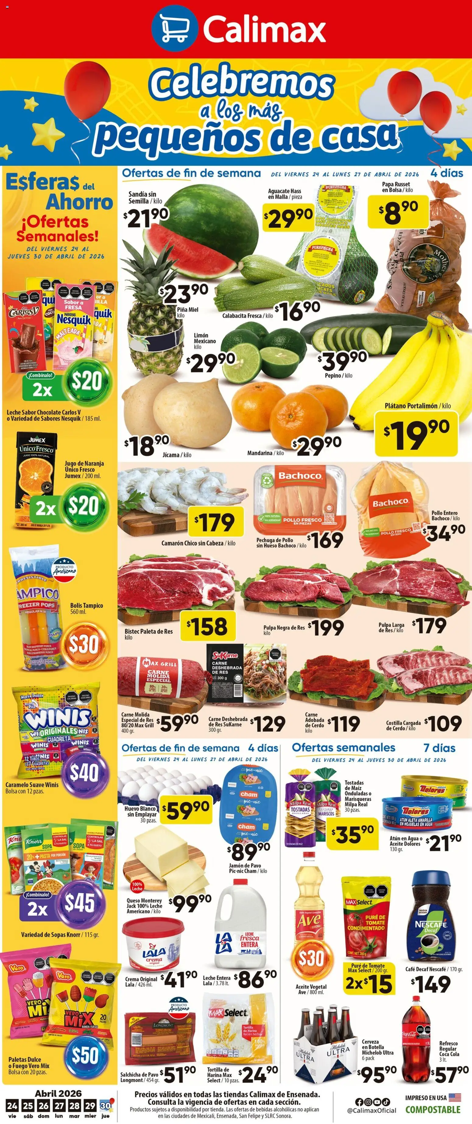 Nuevas ofertas de Calimax válidas en toda la República Mexicana desde el 24.04.2026. ¡Encuentra las mejores ofertas en Calimax folleto Ensenada! | Página: 1 | Productos: Atún, Agua, Jamón, Cerveza