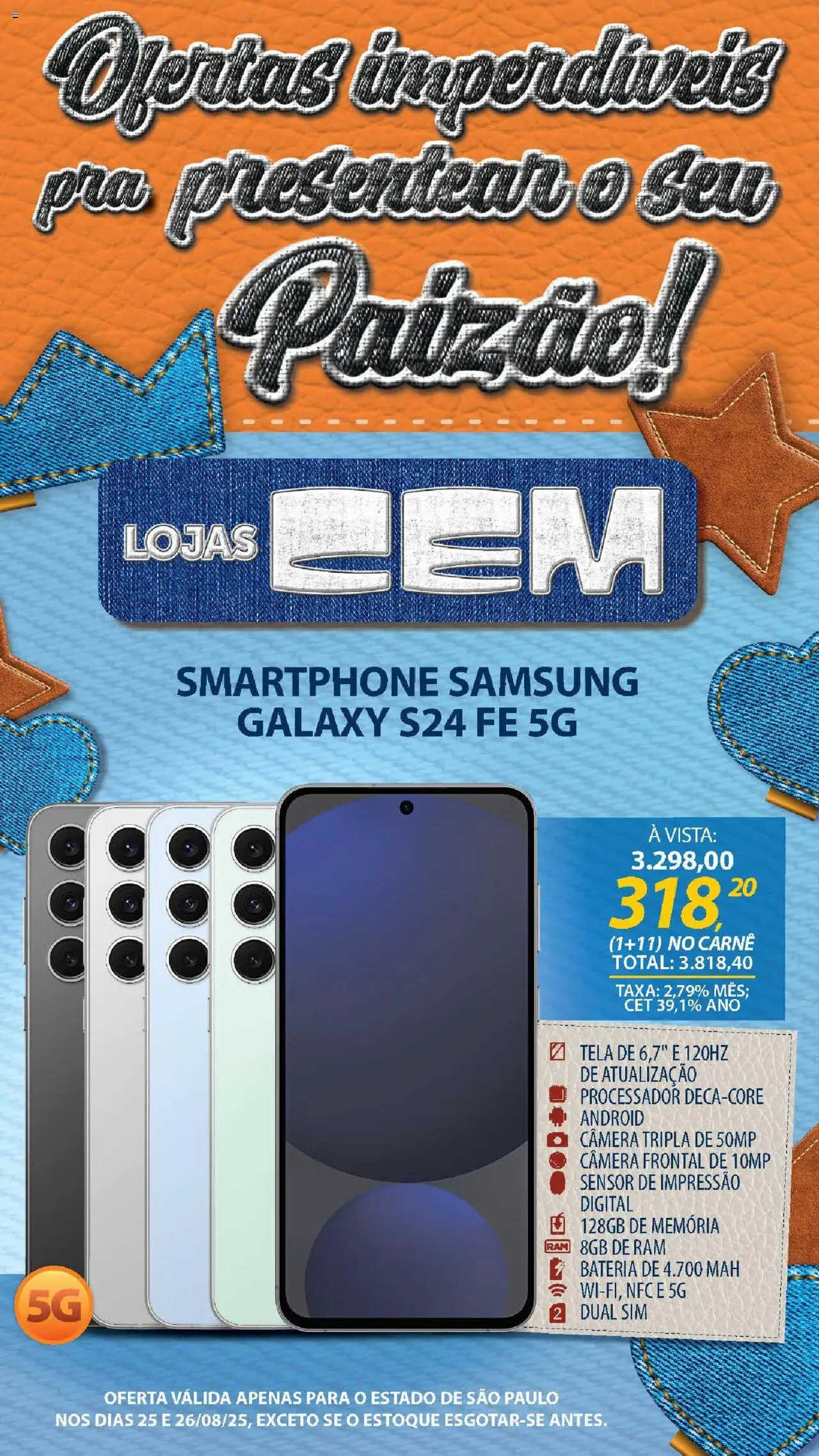 Lojas Cem Folheto - válido de 25.08.2025 | Página: 5 | Produtos: Tela, Bateria, Carne, Smartphone