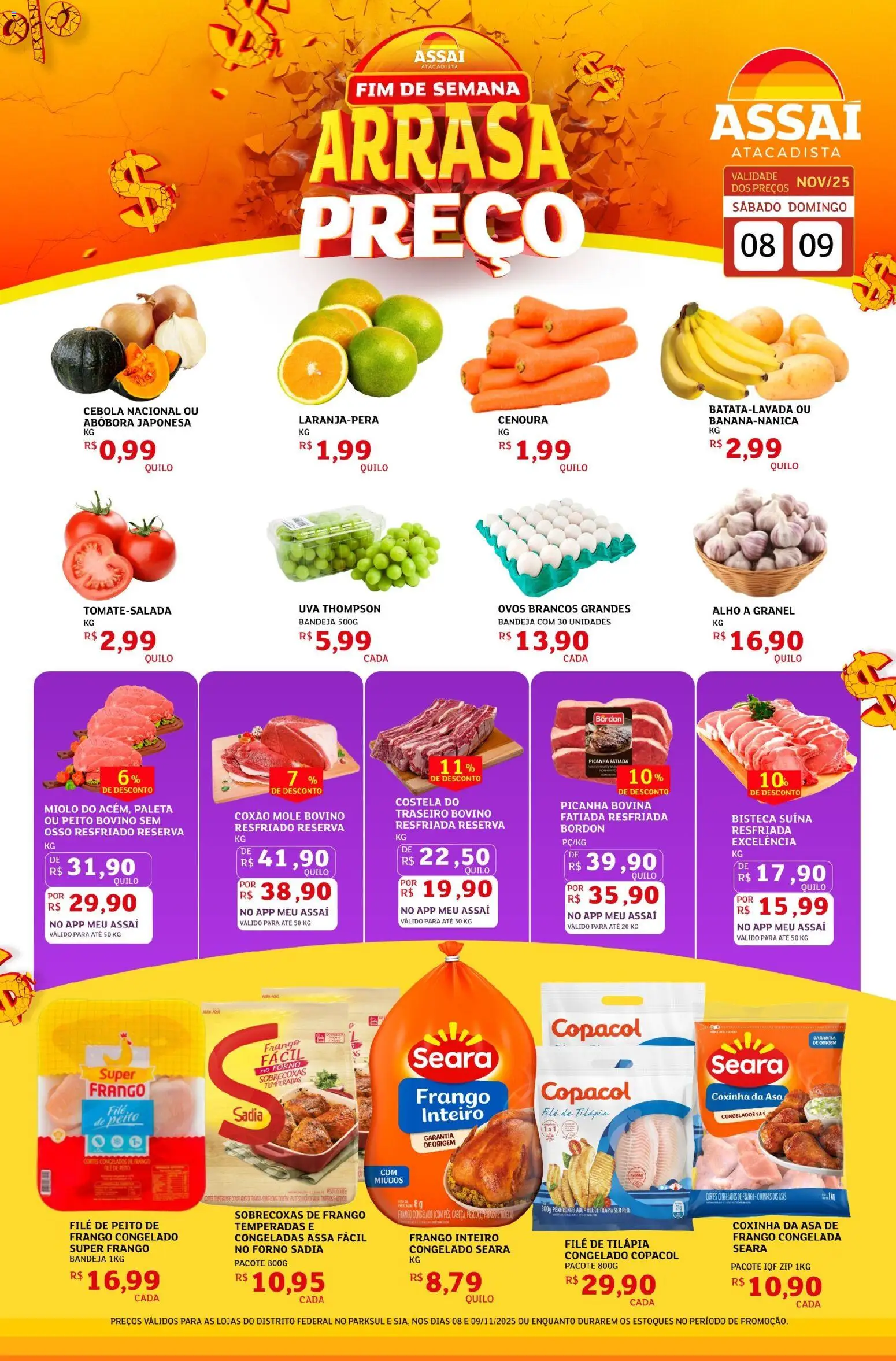 Assaí Atacadista Folheto - válido de 08.11.2025 | Página: 1 | Produtos: Cebola, Tilápia, Bandeja, Filé de tilápia