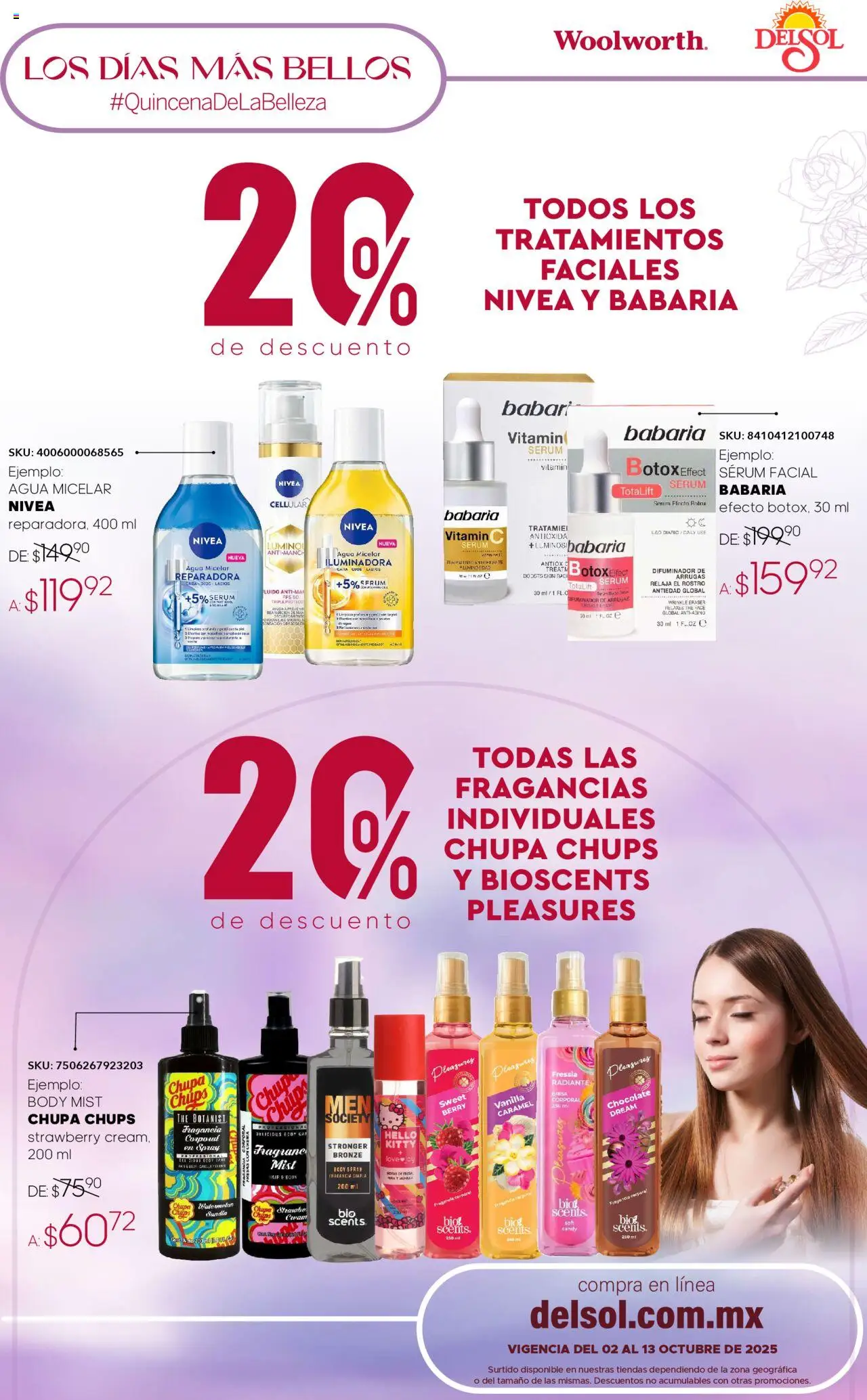 Nuevas ofertas de Del Sol y Woolworth válidas en toda la República Mexicana desde el 02.10.2025. ¡Encuentra las mejores ofertas en Del Sol y Woolworth - Catálogo Quincena de la Belleza Octubre! | Página: 35 | Productos: Agua, Radiante, Body, Agua micelar