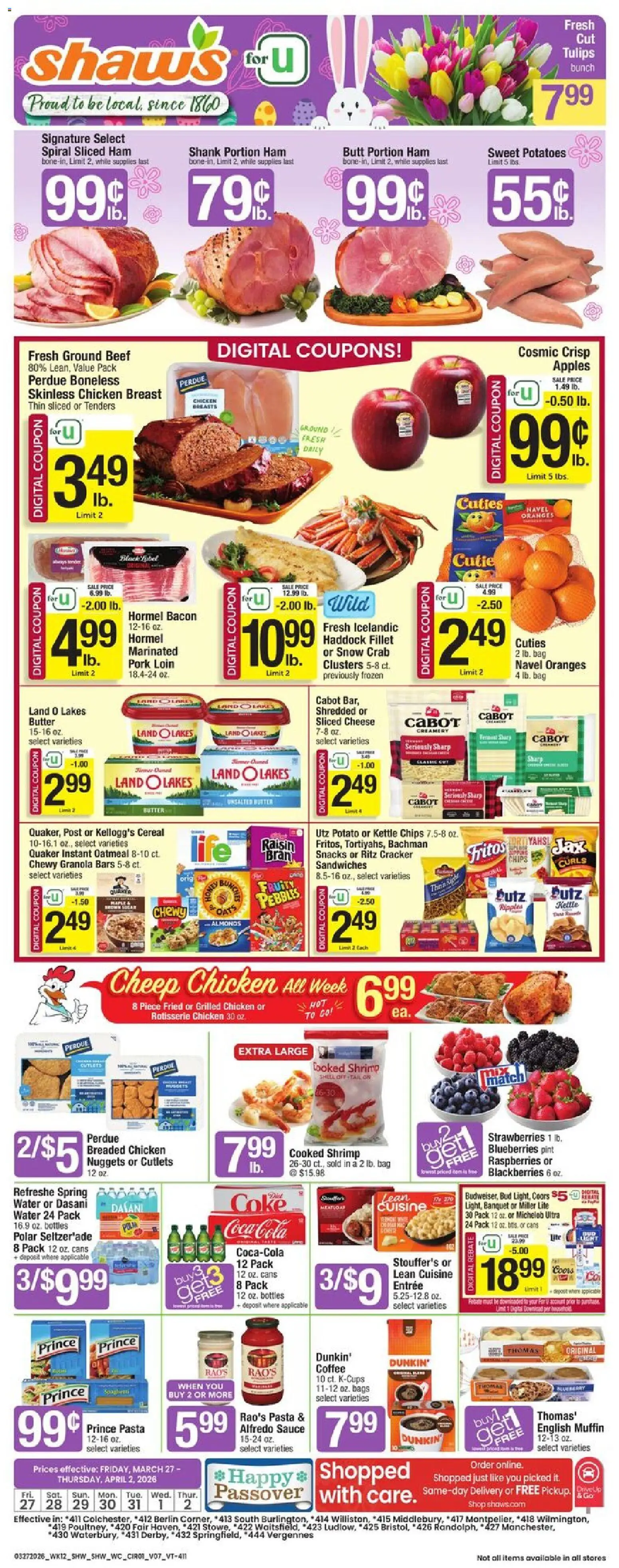Shaw's Weekly Ad - VT - valid from 27.03.2026 | Page: 1 | Products: Butter, Cheese, Beef, Potatoes