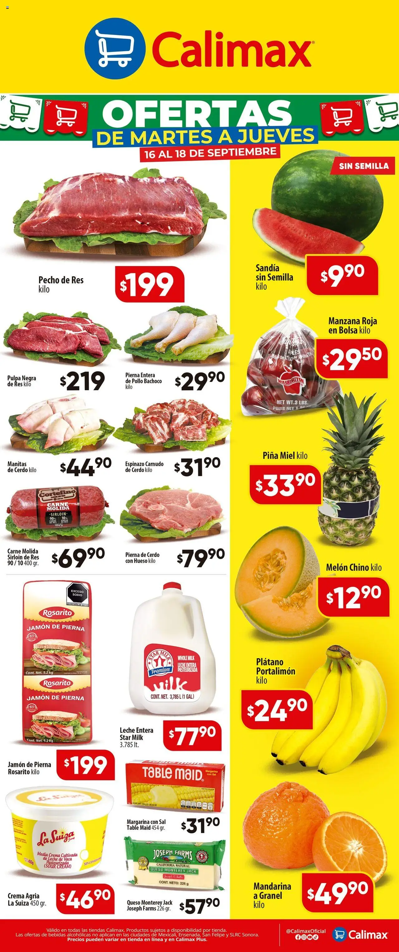 Nuevas ofertas de Calimax válidas en toda la República Mexicana desde el 16.09.2025. ¡Encuentra las mejores ofertas en Calimax - Folleto! | Página: 1 | Productos: Plátano, Sandía, Crema, Cerdo