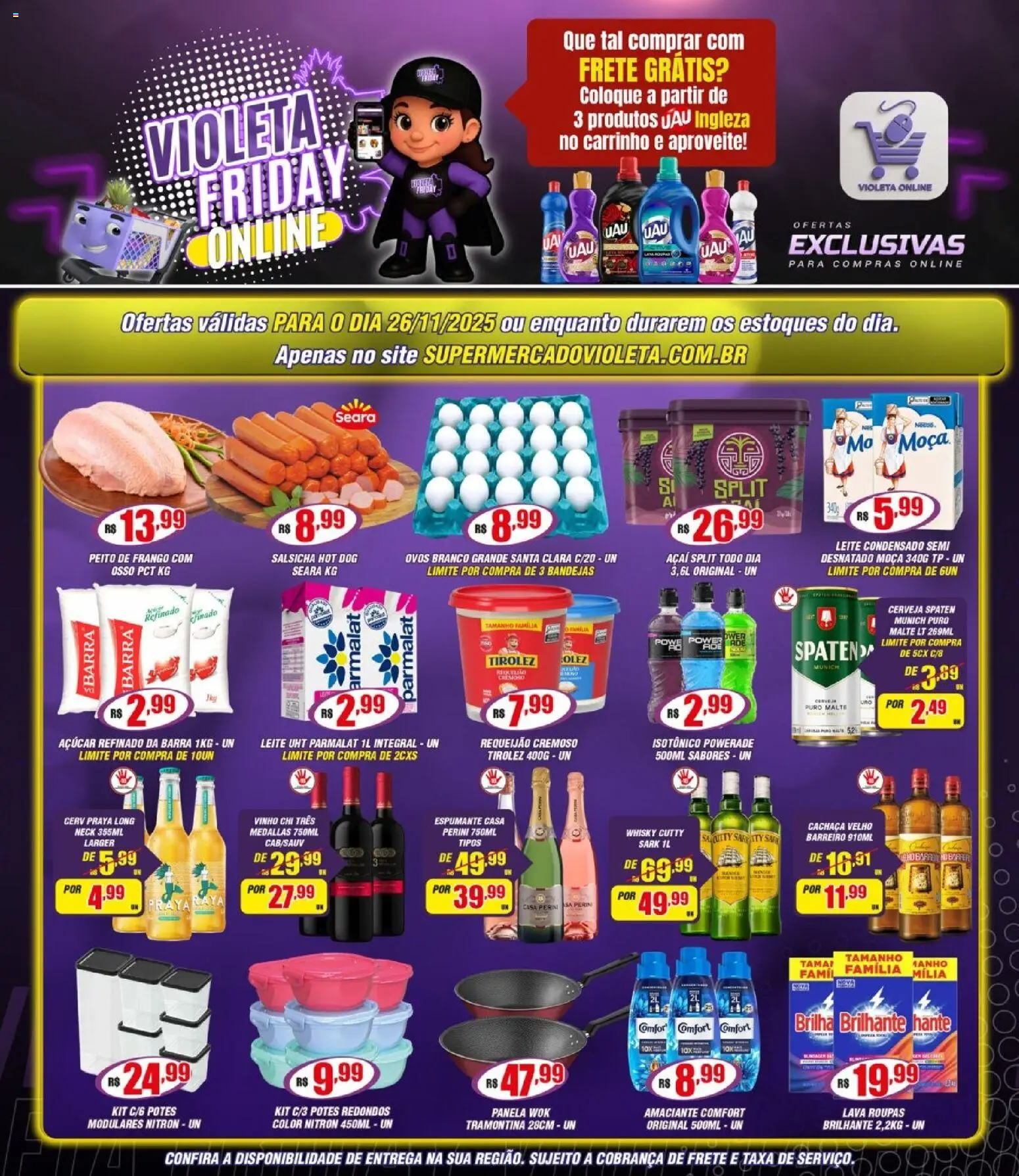 Violeta Supermercados Folheto - válido de 26.11.2025 | Página: 1 | Produtos: Cachaça, Leite, Vinho, Frango