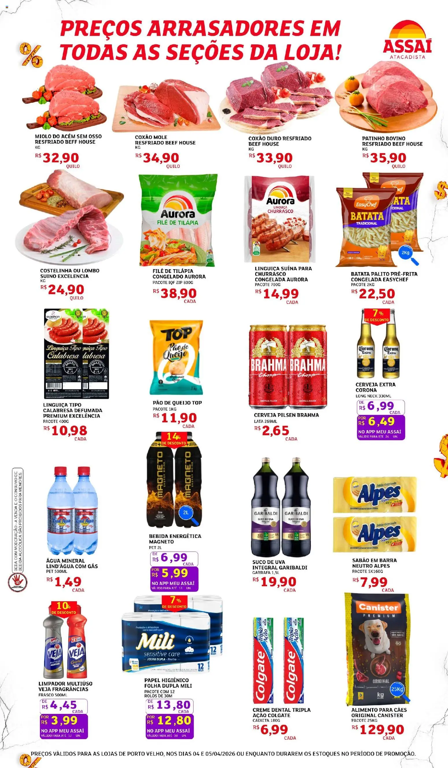 Assaí Atacadista Folheto - válido de 04.04.2026 | Página: 3 | Produtos: Limpador multiuso, Linguiça, Pão, Filé de tilápia