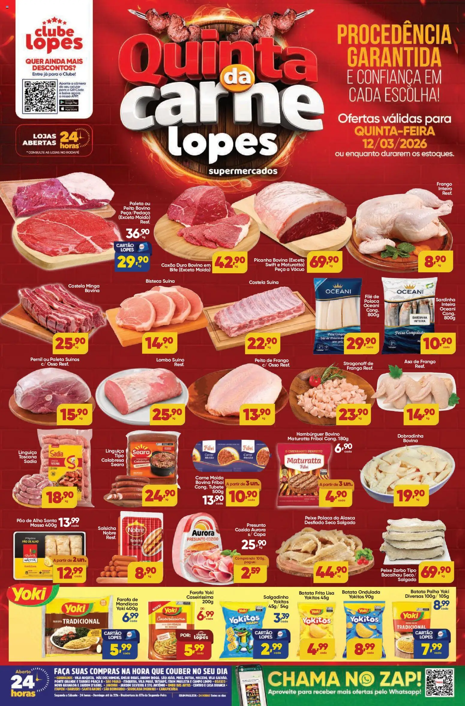 Lopes Supermercados Folheto - válido de 12.03.2026 | Página: 1 | Produtos: Mandioca, Lombo, Hambúrguer, Peito de frango