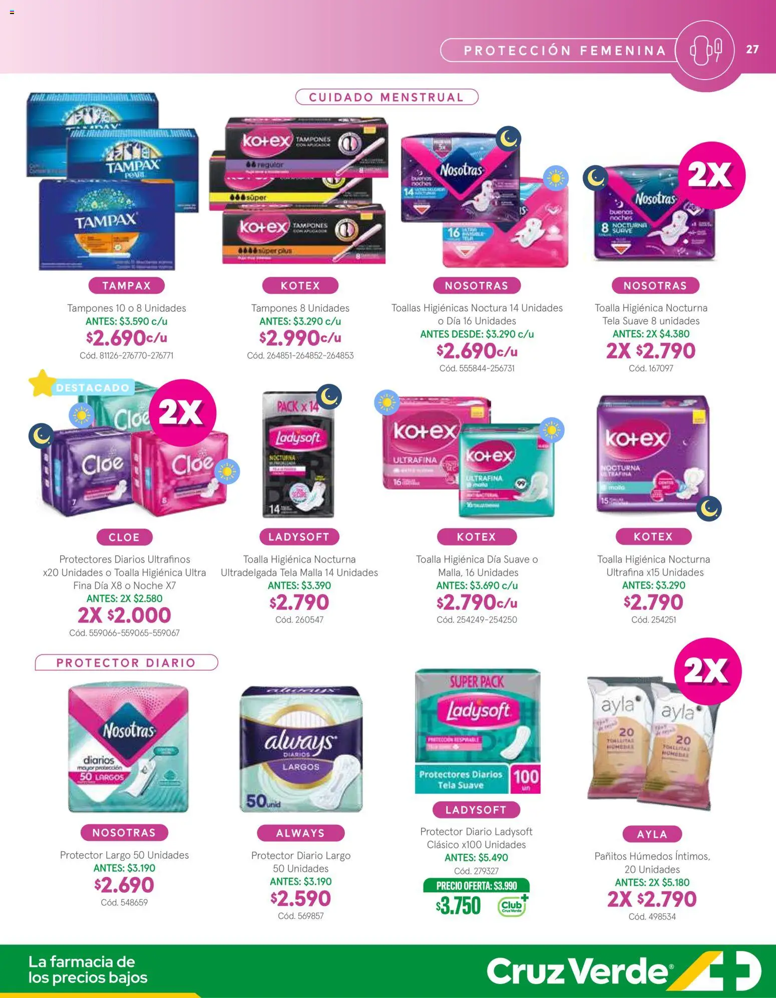 Belleza y Cuidado Personal Cruz Verde │ válido desde el 05.12.2025 | Página: 27 | Productos: Protectores diarios, Toalla higienica, Tampones, Toallas