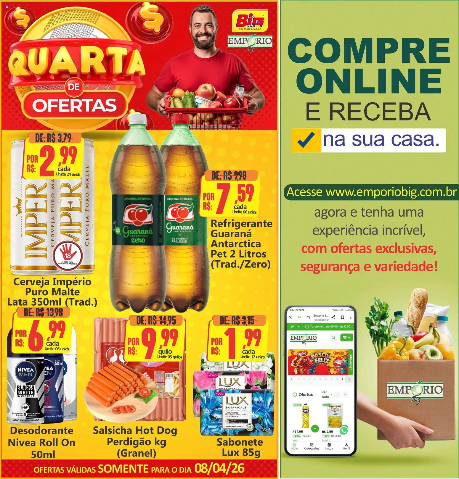 Big Supermercados Folheto - válido de 08.04.2026 | Página: 1 | Produtos: Guaraná, Salsicha, Cerveja, Sabonete