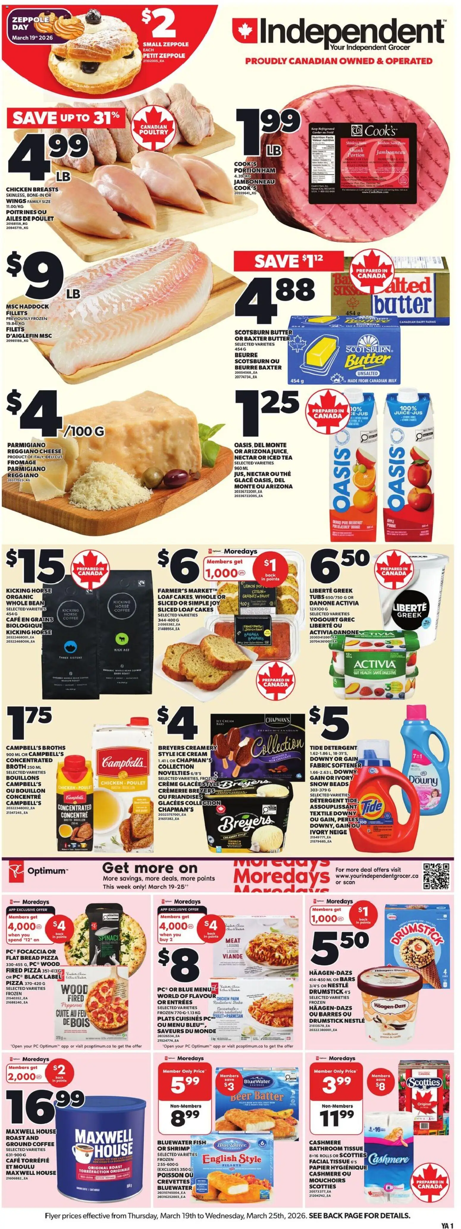 Independent Grocer flyer valid from 19.03.2026 | Page: 1 | Products: Ice cream, PC, Detergent, Chicken
