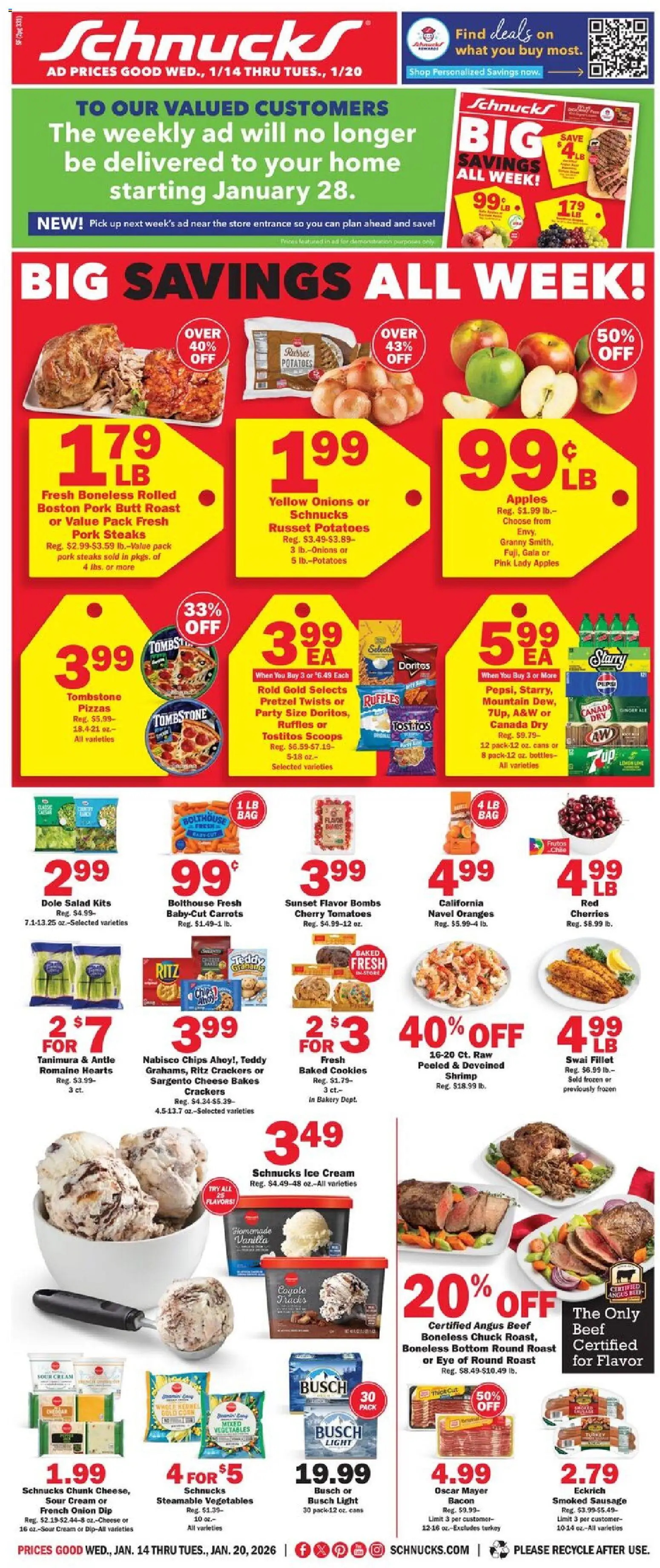 Schnucks Ad - valid from 14.01.2026 | Page: 1 | Products: Chips, Cookies, Sausage, Onion