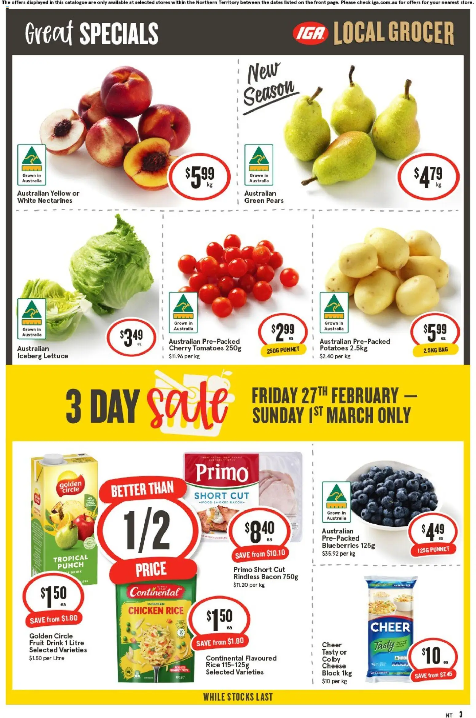 IGA catalogue - valid from 25.02.2026 | Page: 3 | Products: Bacon, Lettuce, Potatoes, Blueberries