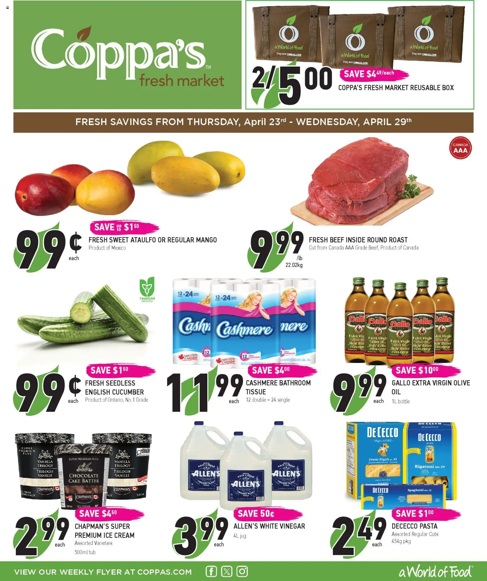 Coppas Fresh Market flyer valid from 23.04.2026 | Page: 1 | Products: Ice cream, Box, Oil, Chocolate