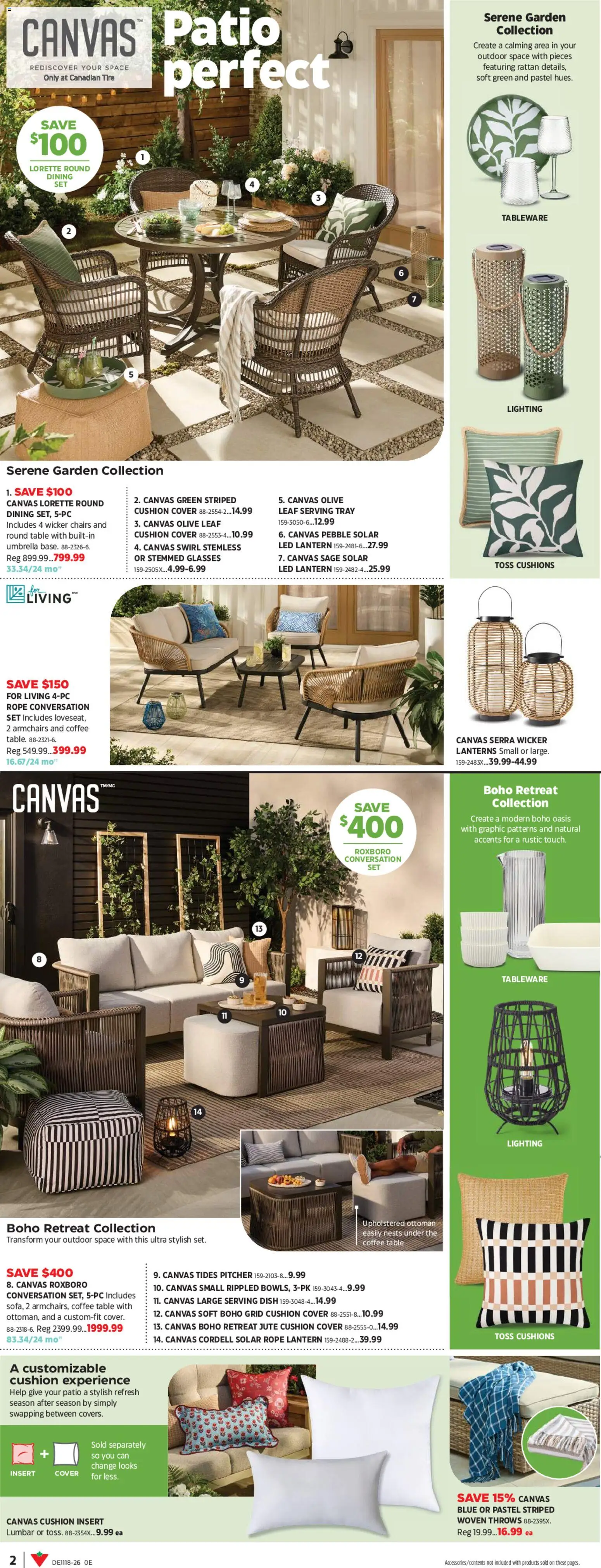 Canadian Tire flyer valid from 30.04.2026 | Page: 2 | Products: Umbrella, Glasses, Coffee table, Coffee