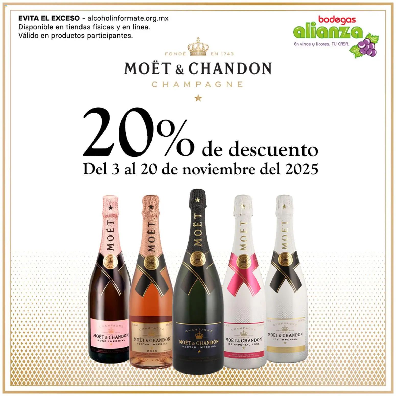 Nuevas ofertas de Bodegas Alianza válidas en toda la República Mexicana desde el 03.11.2025. ¡Encuentra las mejores ofertas en Bodegas Alianza catálogo Moët & Chandon! | Página: 1 | Productos: Champagne