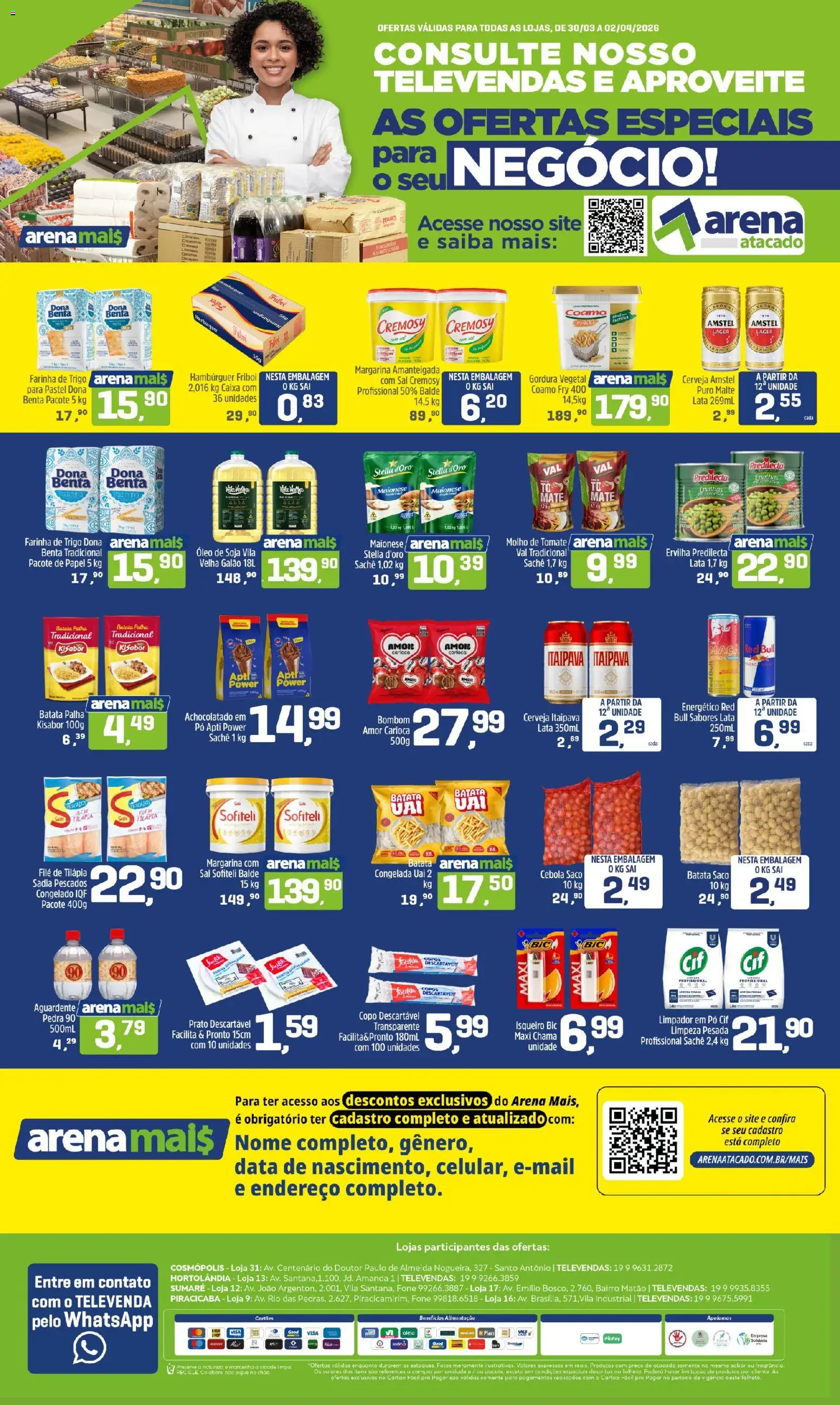 Arena Atacado Folheto - válido de 30.03.2026 | Página: 1 | Produtos: Ervilha, Hambúrguer, Sal, Margarina